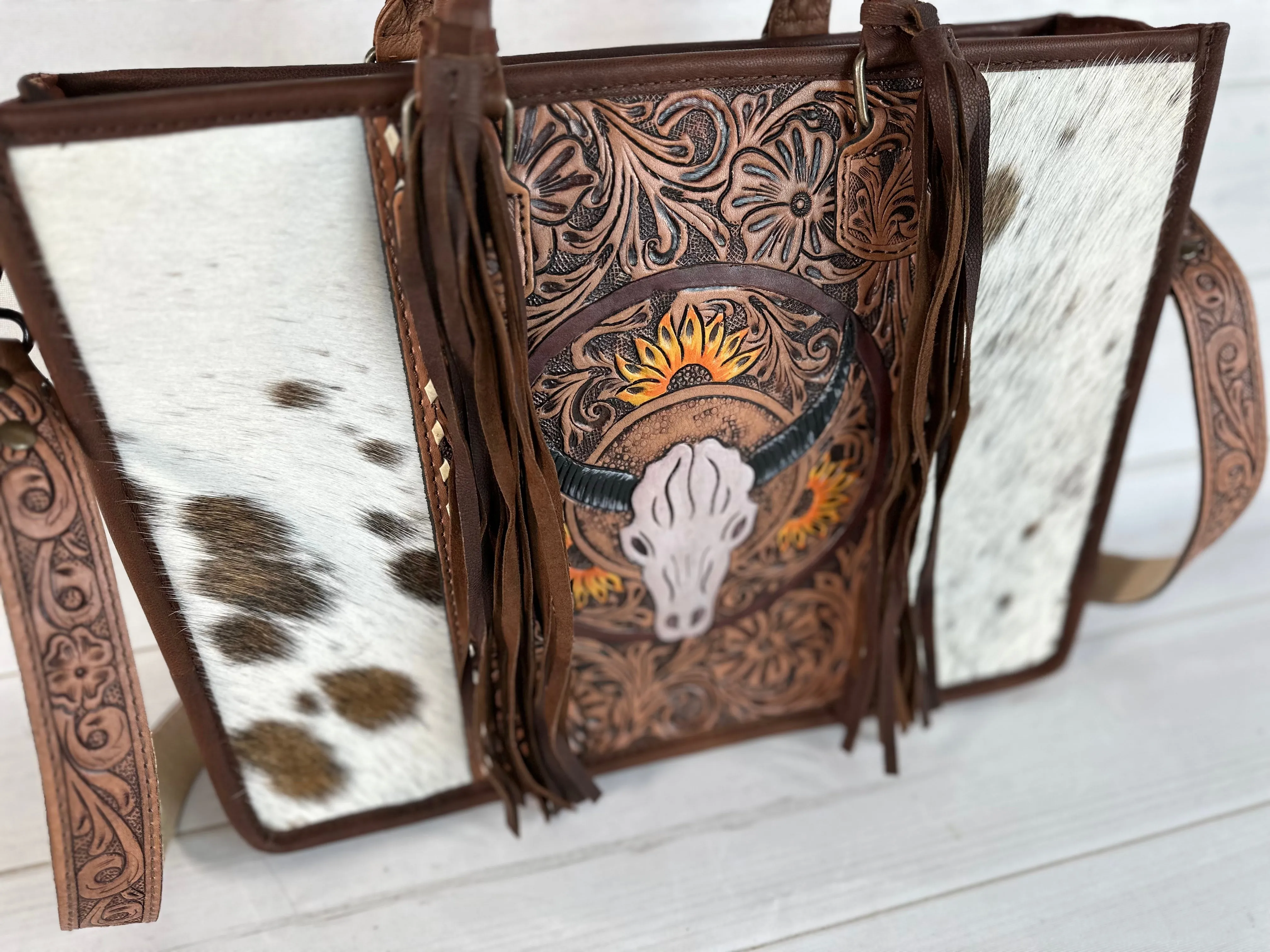 Sale!! Bull Head Sunflower Large Cowhide Tote