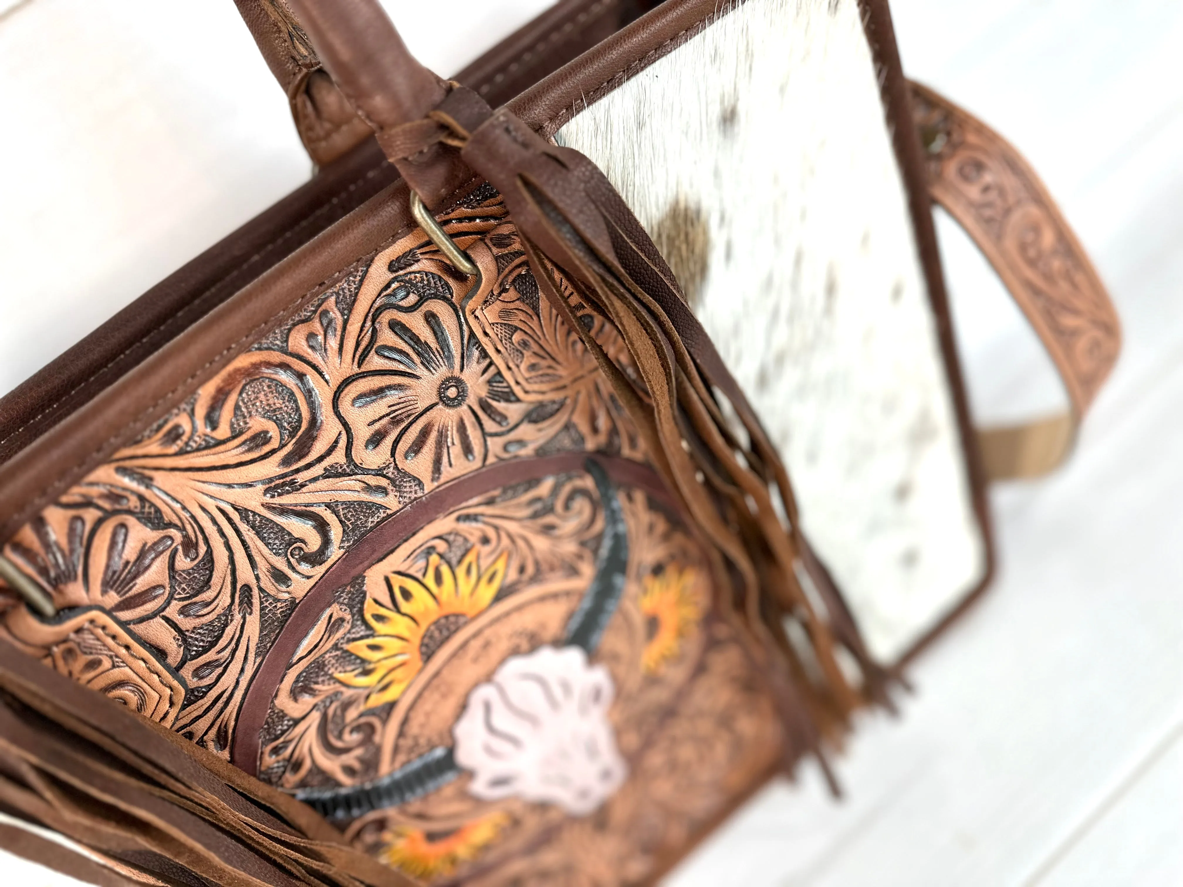 Sale!! Bull Head Sunflower Large Cowhide Tote