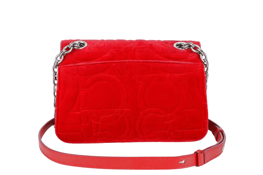 SALVATORE FERRAGAMO 21H248 VELVET RED QUILTED GANCINI CROSSBODY BAG WITH DUST COVER