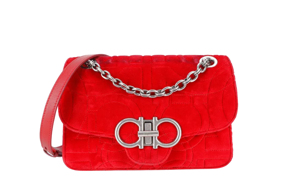 SALVATORE FERRAGAMO 21H248 VELVET RED QUILTED GANCINI CROSSBODY BAG WITH DUST COVER
