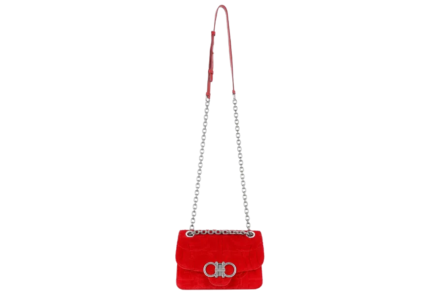 SALVATORE FERRAGAMO 21H248 VELVET RED QUILTED GANCINI CROSSBODY BAG WITH DUST COVER