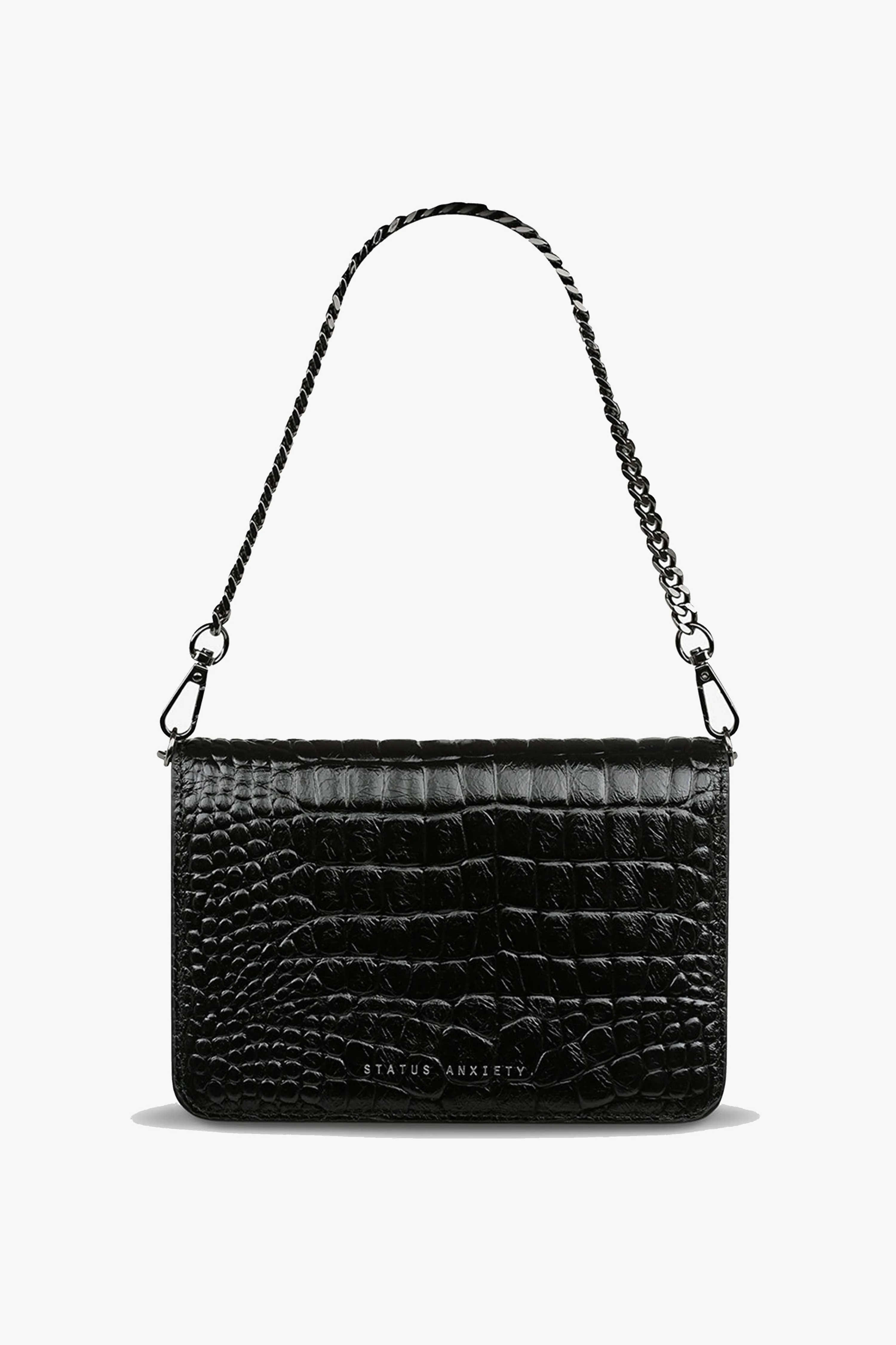 She Burns Black Croc Leather Crossbody Bag