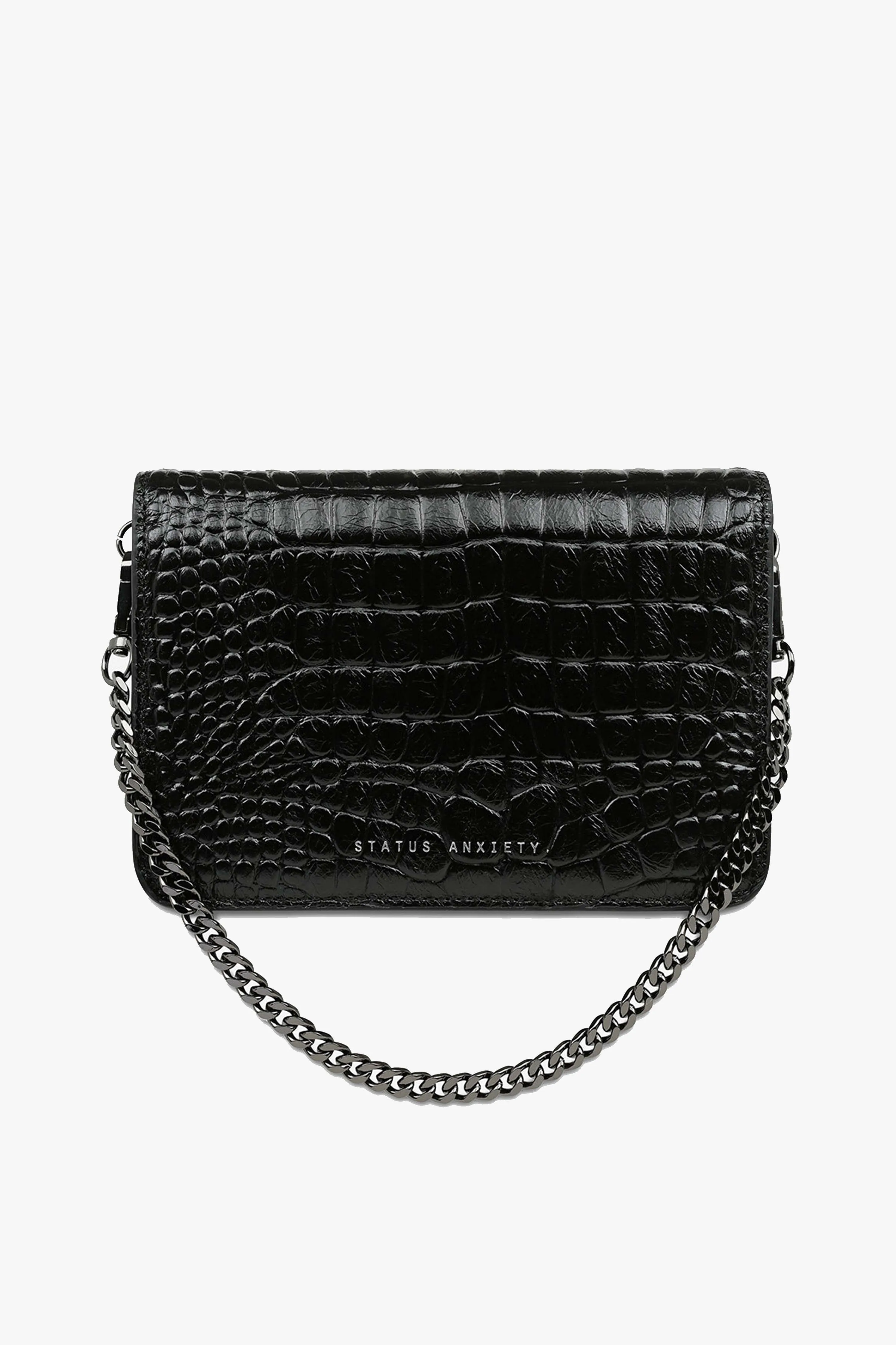 She Burns Black Croc Leather Crossbody Bag