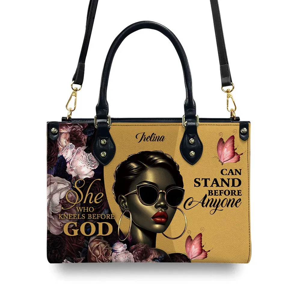 She Who Kneels Before GOD Can Stand Before Anyone, Personalized 'Irelina' Empowerment Leather Handbag - Stand Boldly | CHRISTIANARTBAG Custom Tote