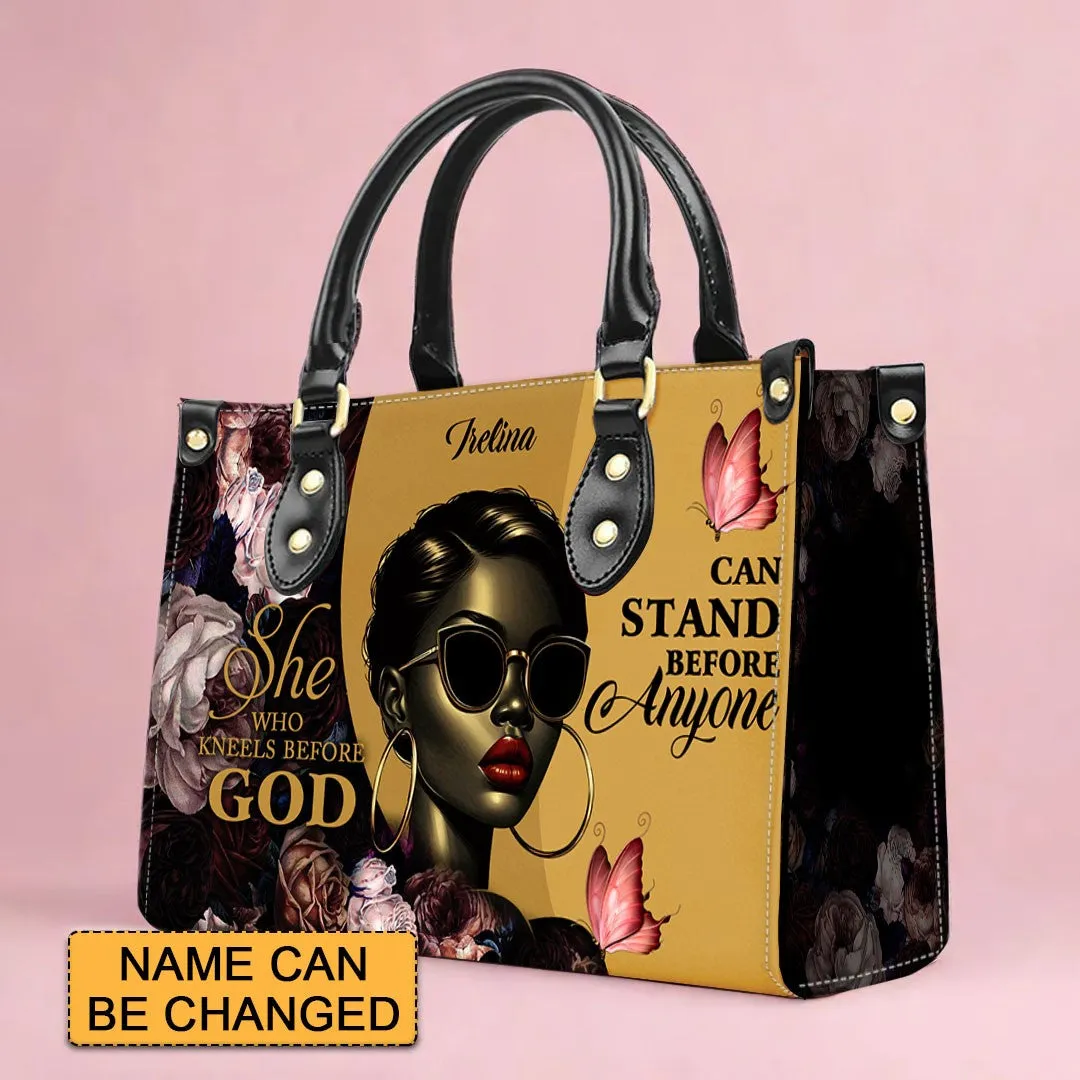 She Who Kneels Before GOD Can Stand Before Anyone, Personalized 'Irelina' Empowerment Leather Handbag - Stand Boldly | CHRISTIANARTBAG Custom Tote