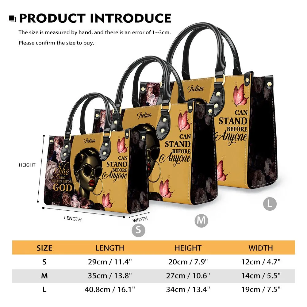 She Who Kneels Before GOD Can Stand Before Anyone, Personalized 'Irelina' Empowerment Leather Handbag - Stand Boldly | CHRISTIANARTBAG Custom Tote