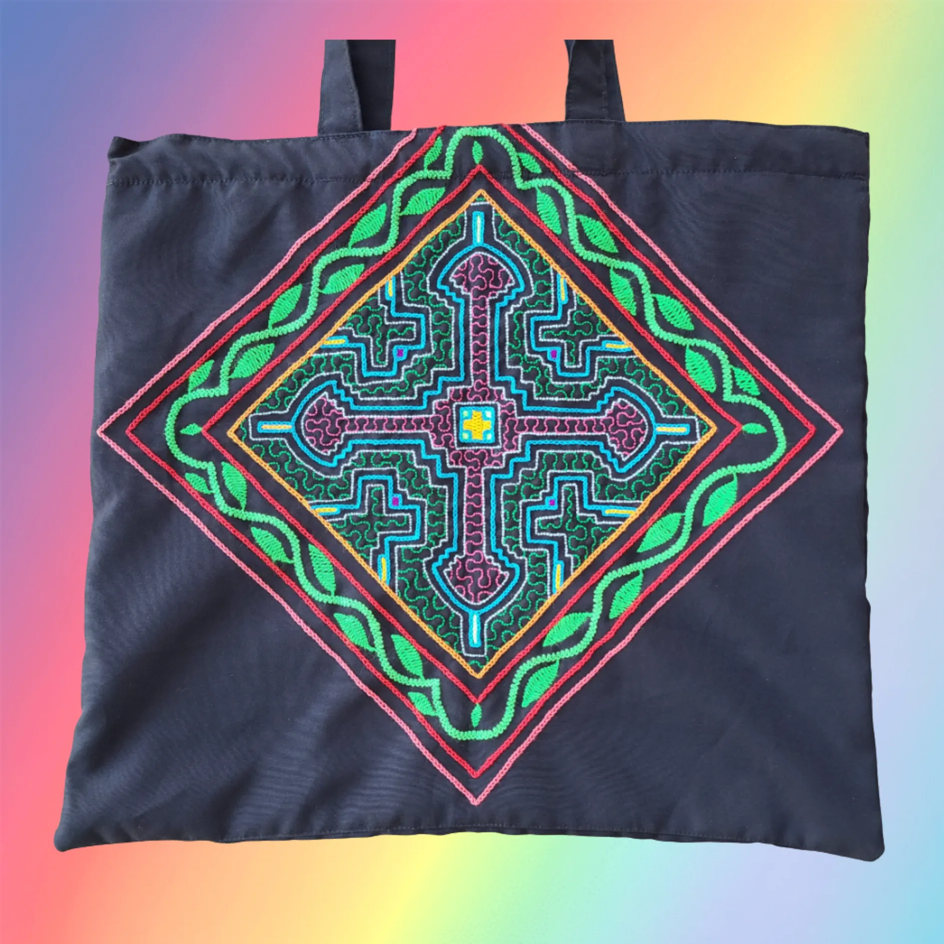 Shipibo Embroidered Sacred Tote Bag - Crossroads