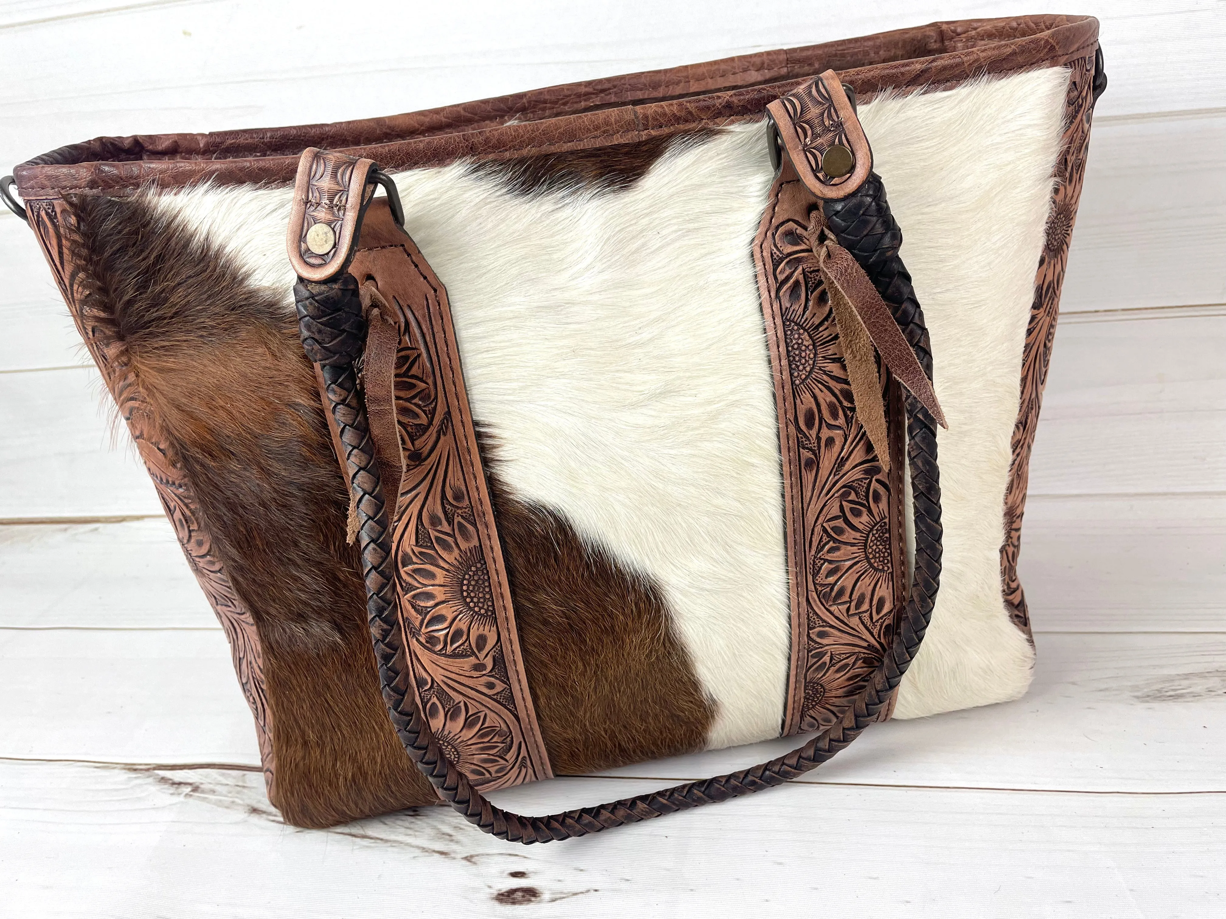 Showstopper Hide & Sunflower Tooled Handbag