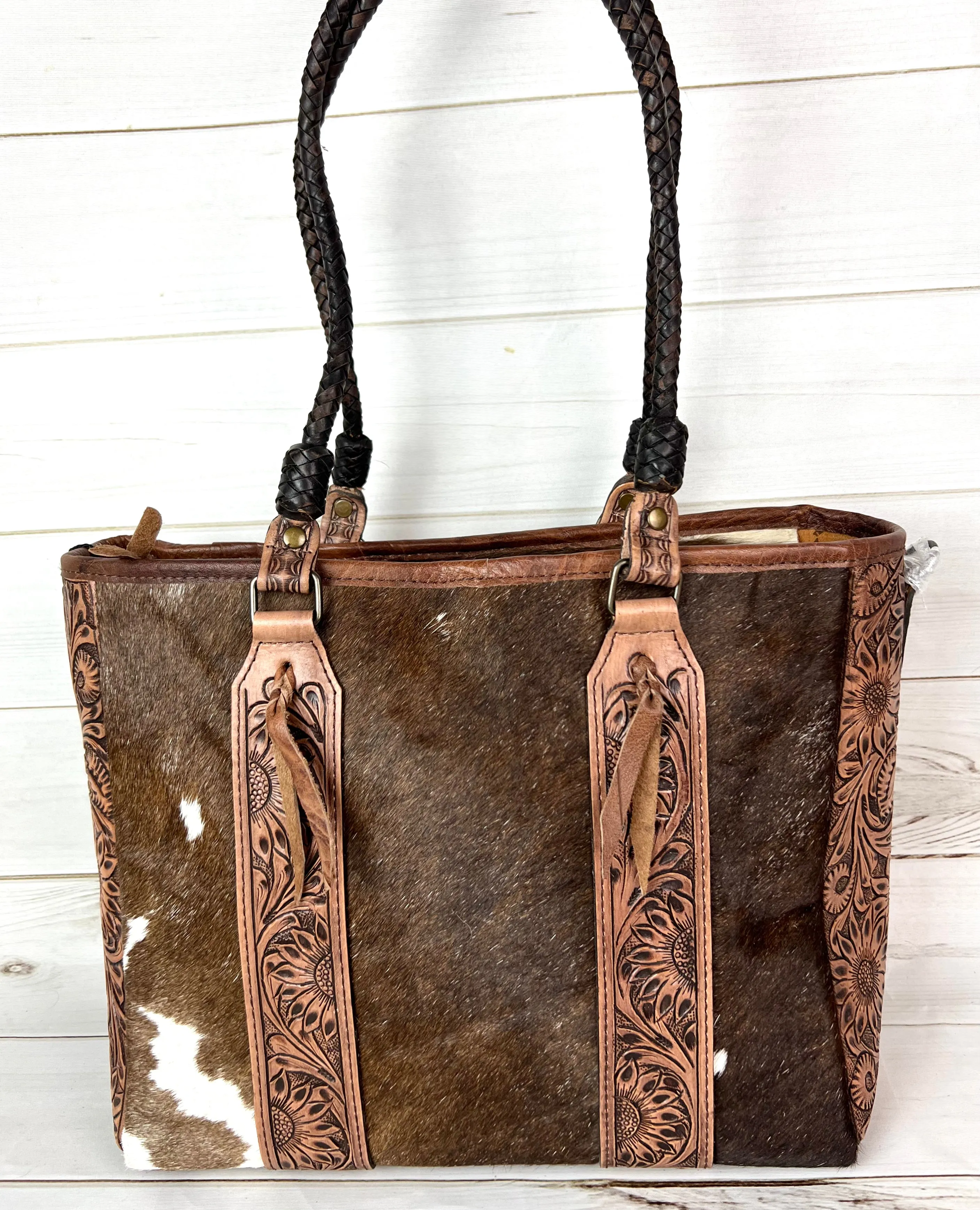 Showstopper Hide & Sunflower Tooled Handbag