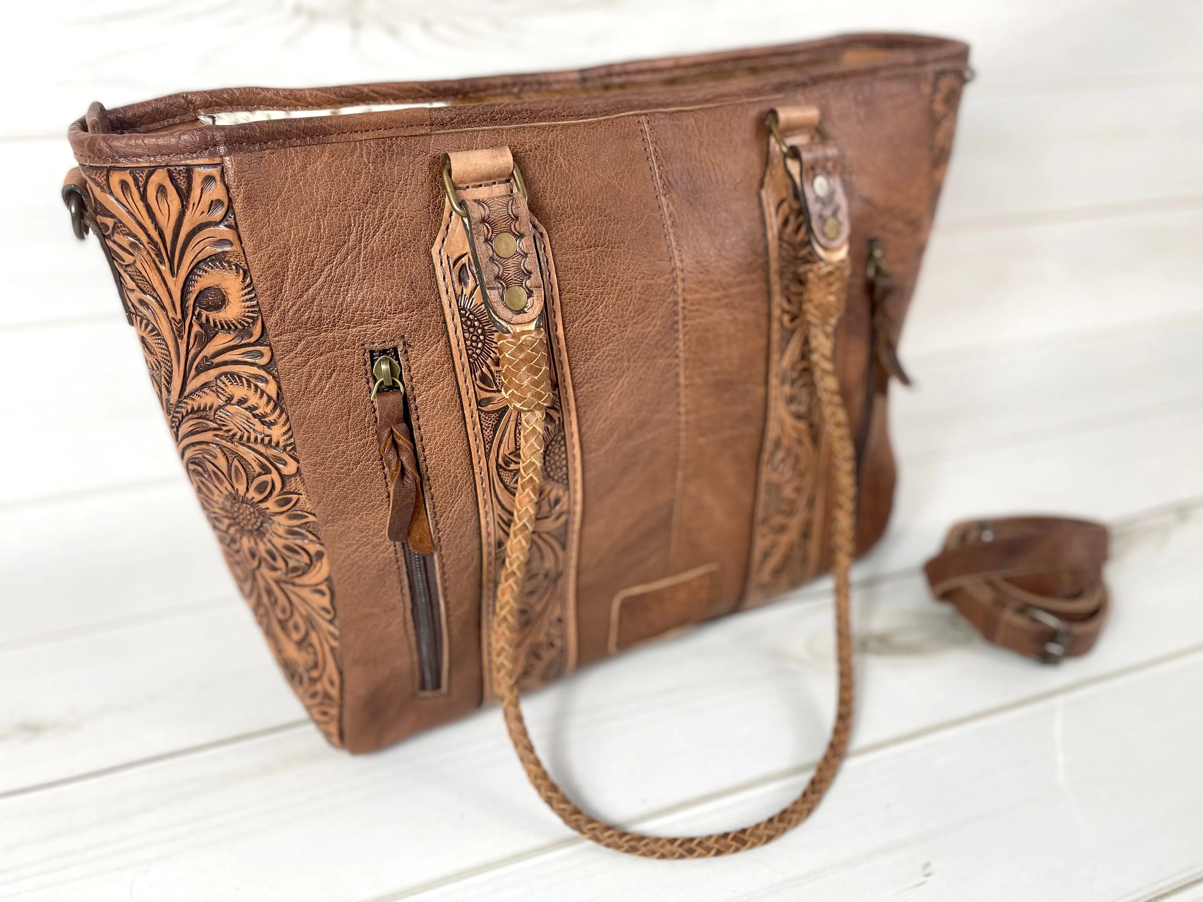Showstopper Hide & Sunflower Tooled Handbag