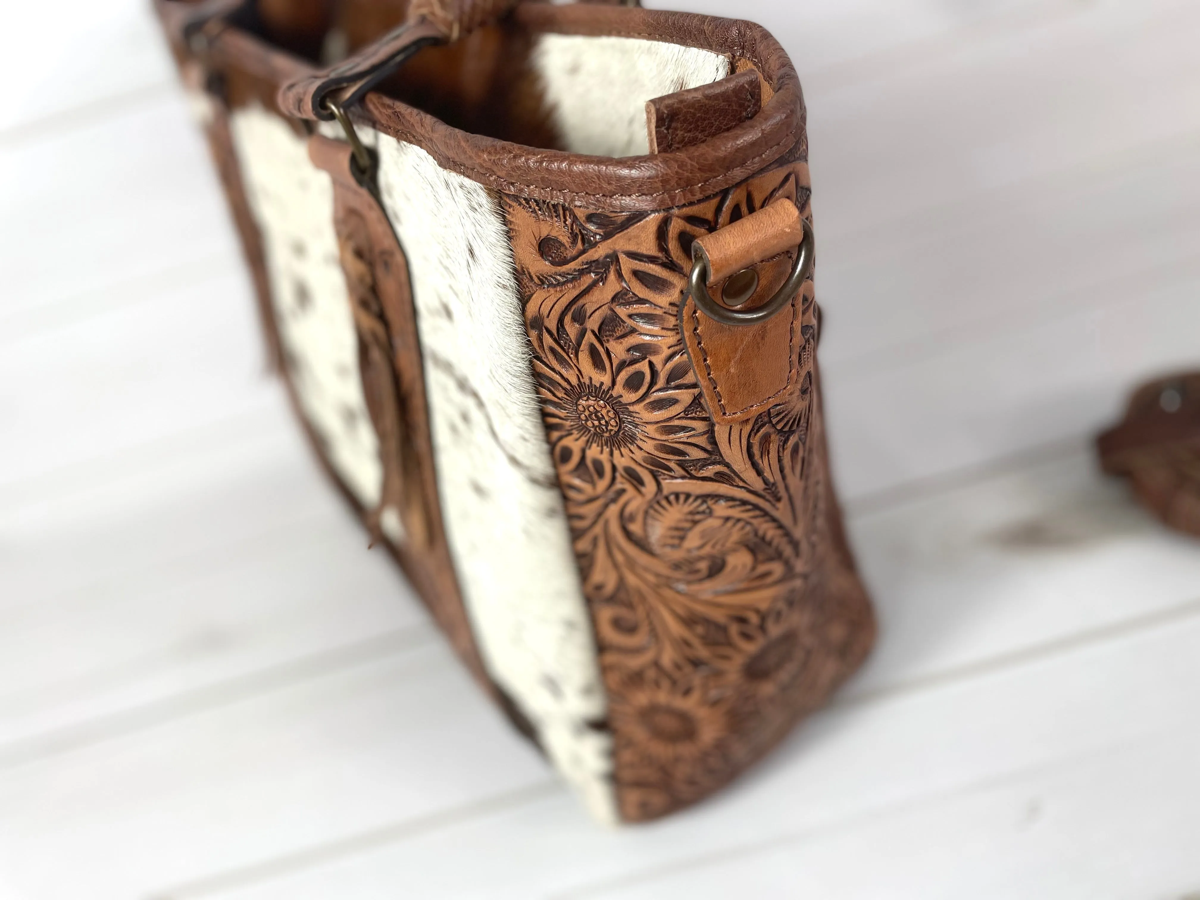 Showstopper Hide & Sunflower Tooled Handbag