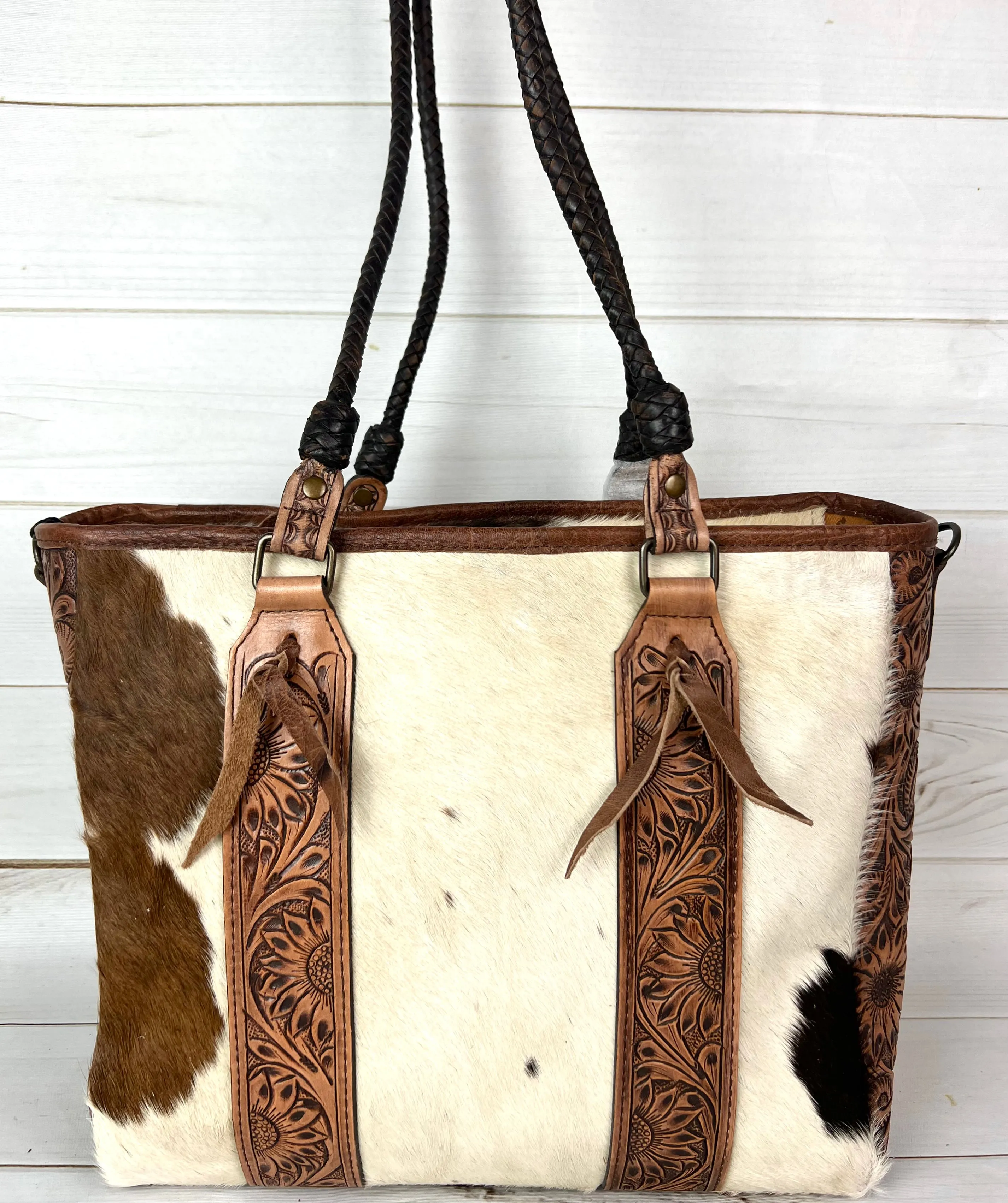 Showstopper Hide & Sunflower Tooled Handbag
