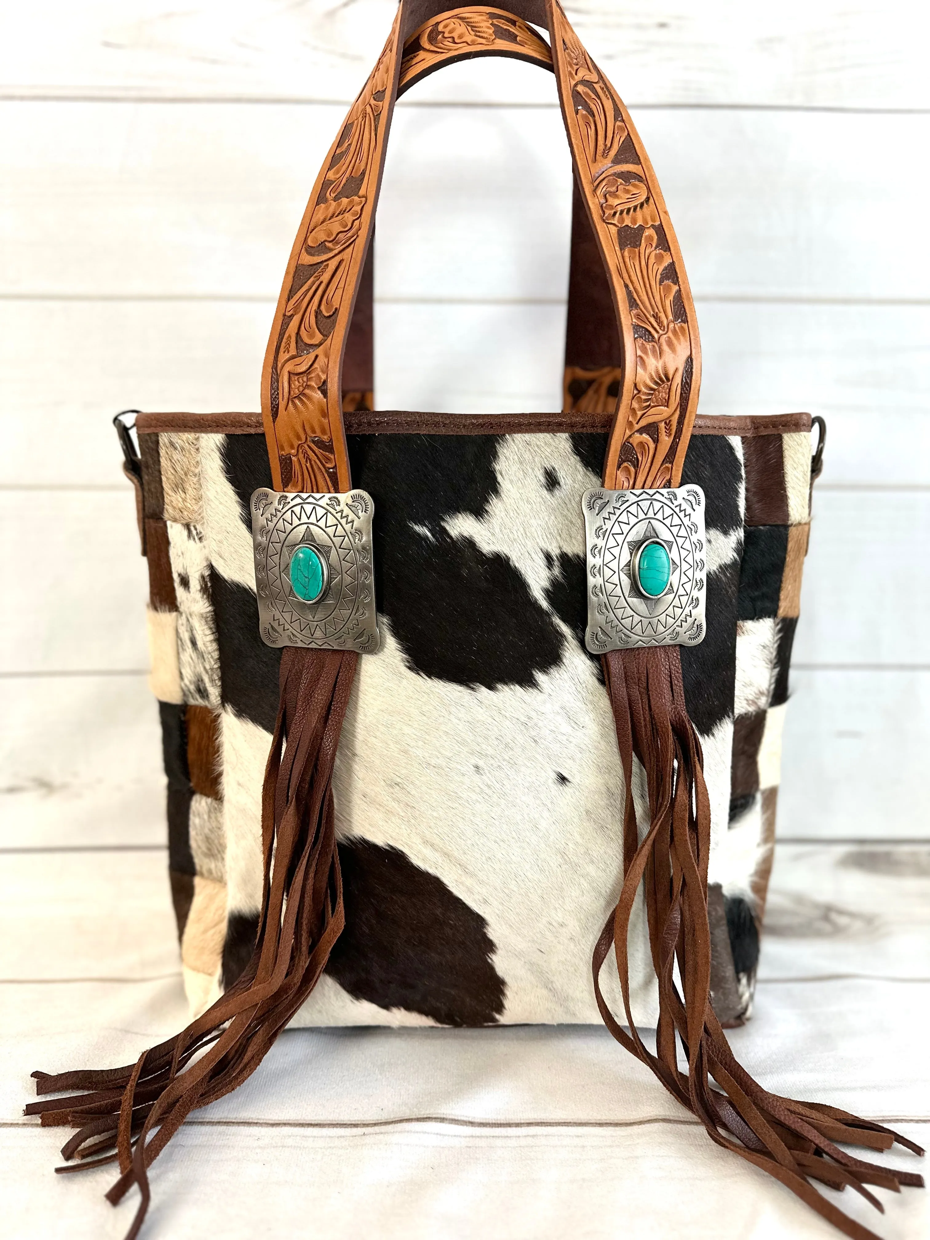 Silver Concho Cowhide Tote with Tooled Leather Straps