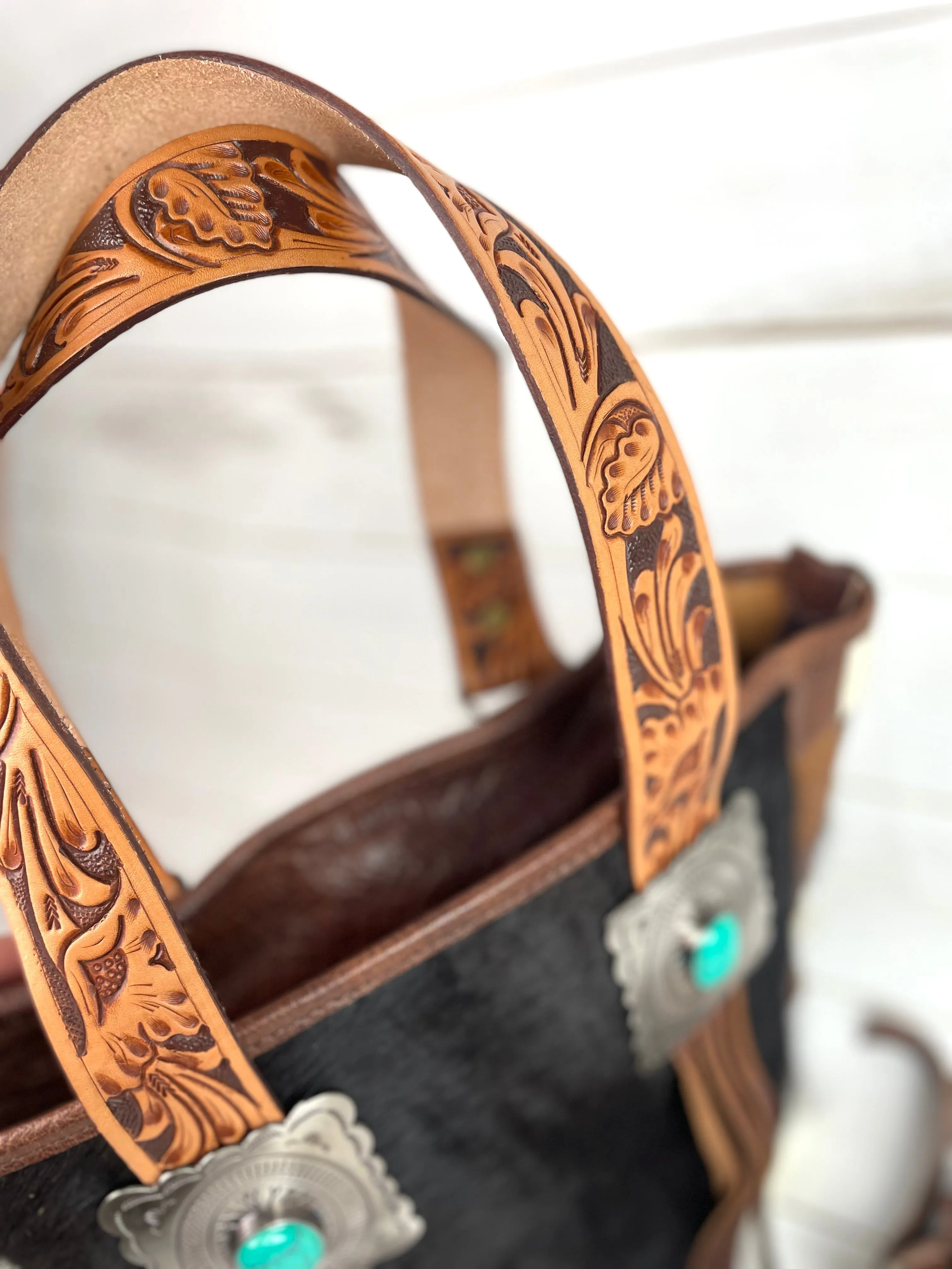 Silver Concho Cowhide Tote with Tooled Leather Straps