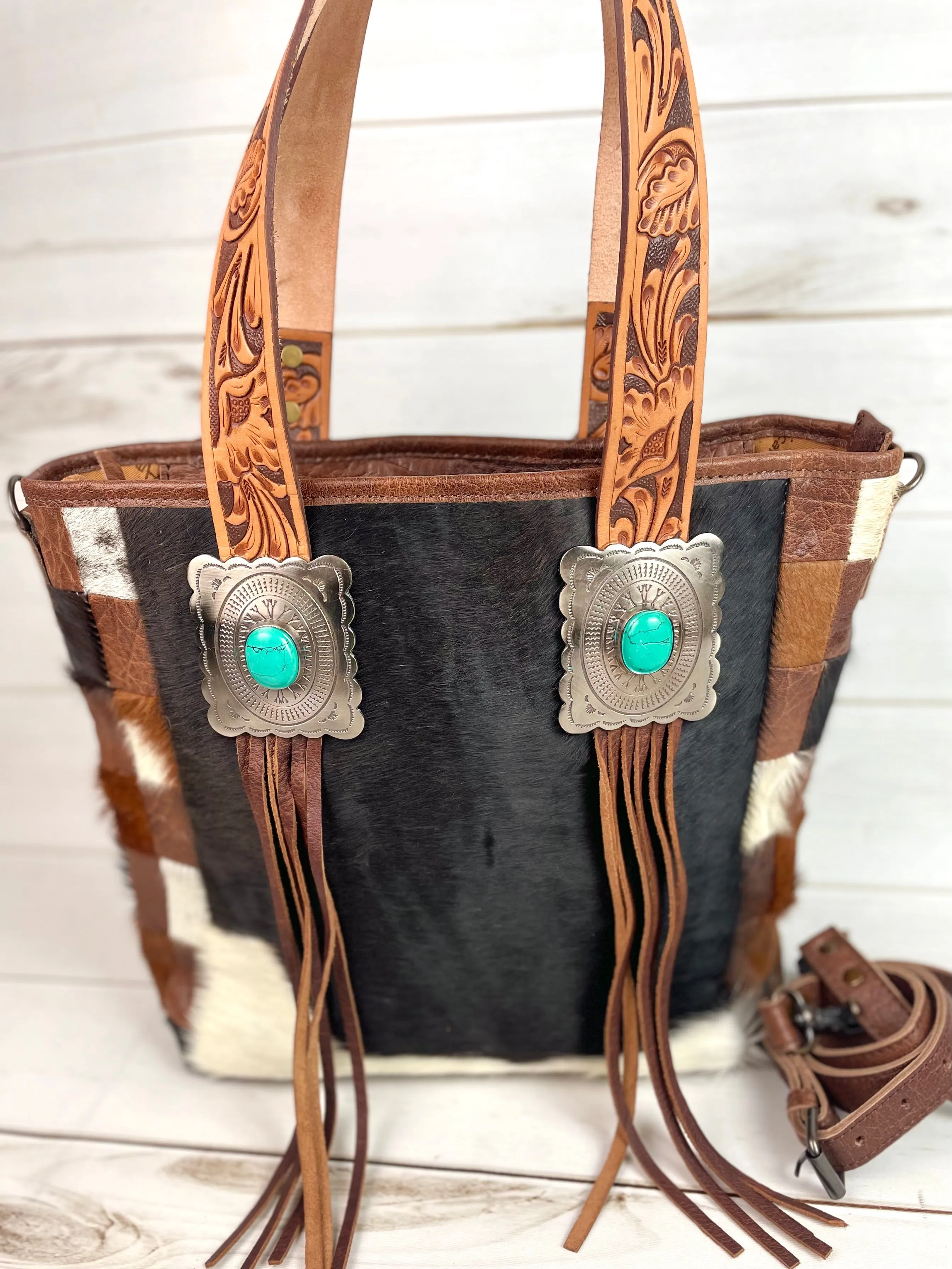 Silver Concho Cowhide Tote with Tooled Leather Straps