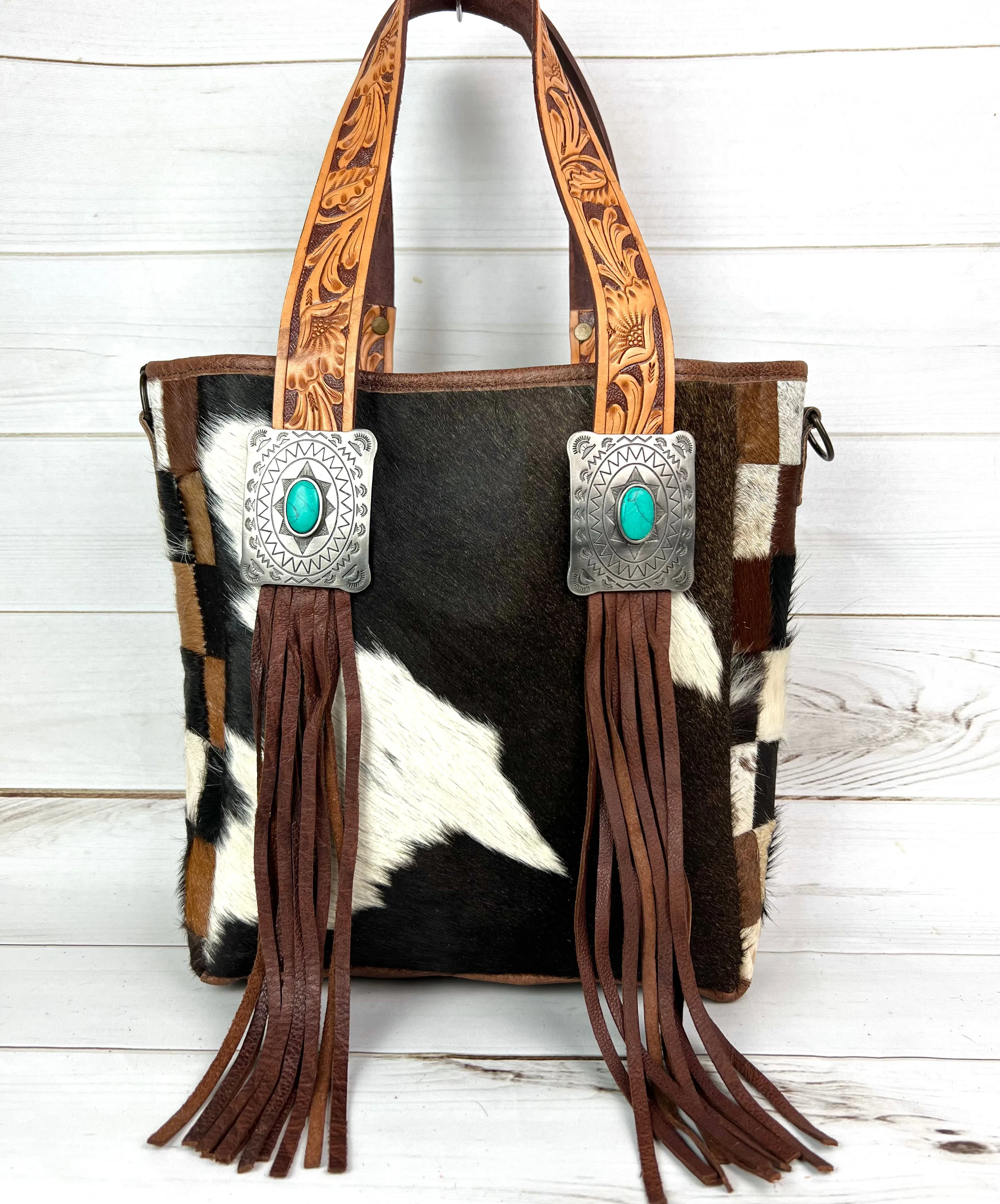 Silver Concho Cowhide Tote with Tooled Leather Straps