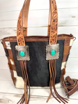 Silver Concho Cowhide Tote with Tooled Leather Straps