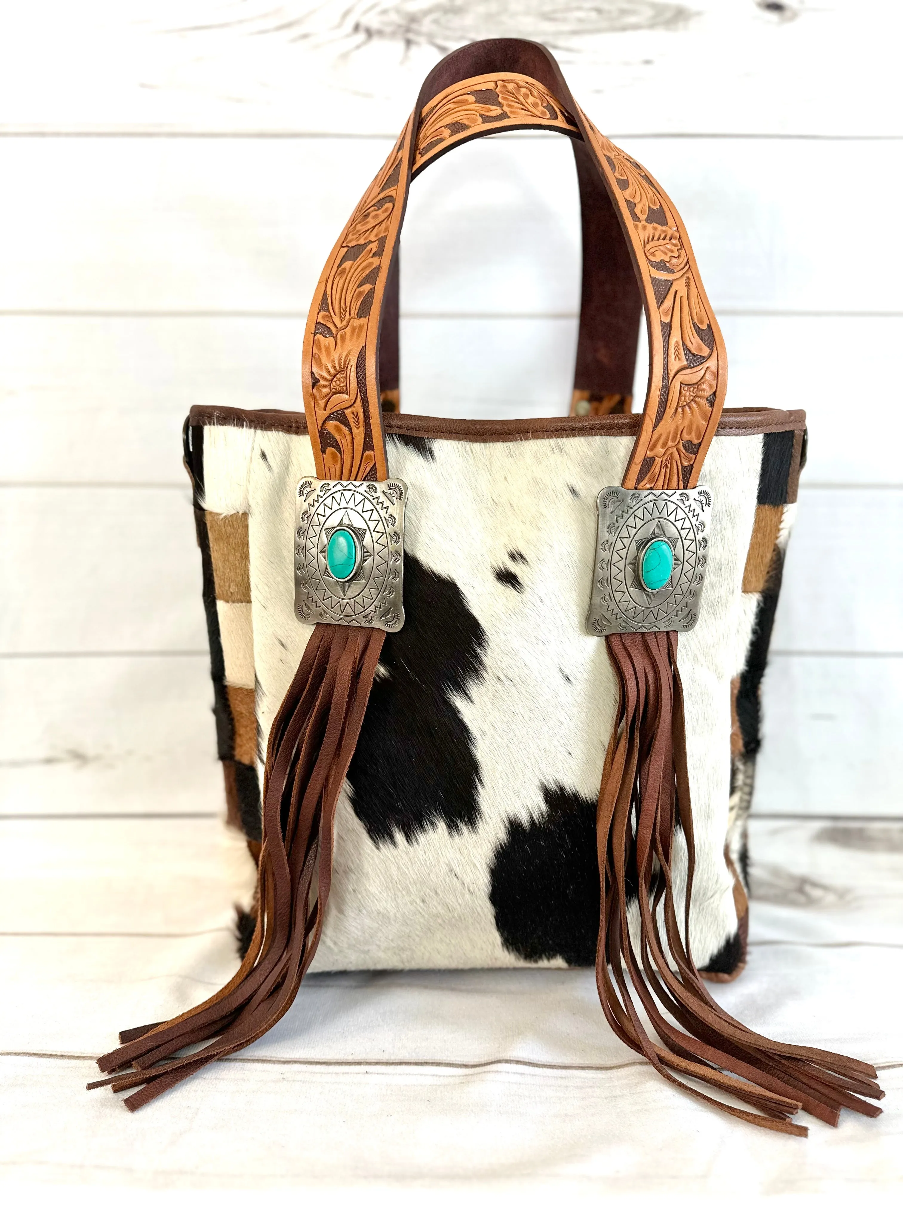Silver Concho Cowhide Tote with Tooled Leather Straps