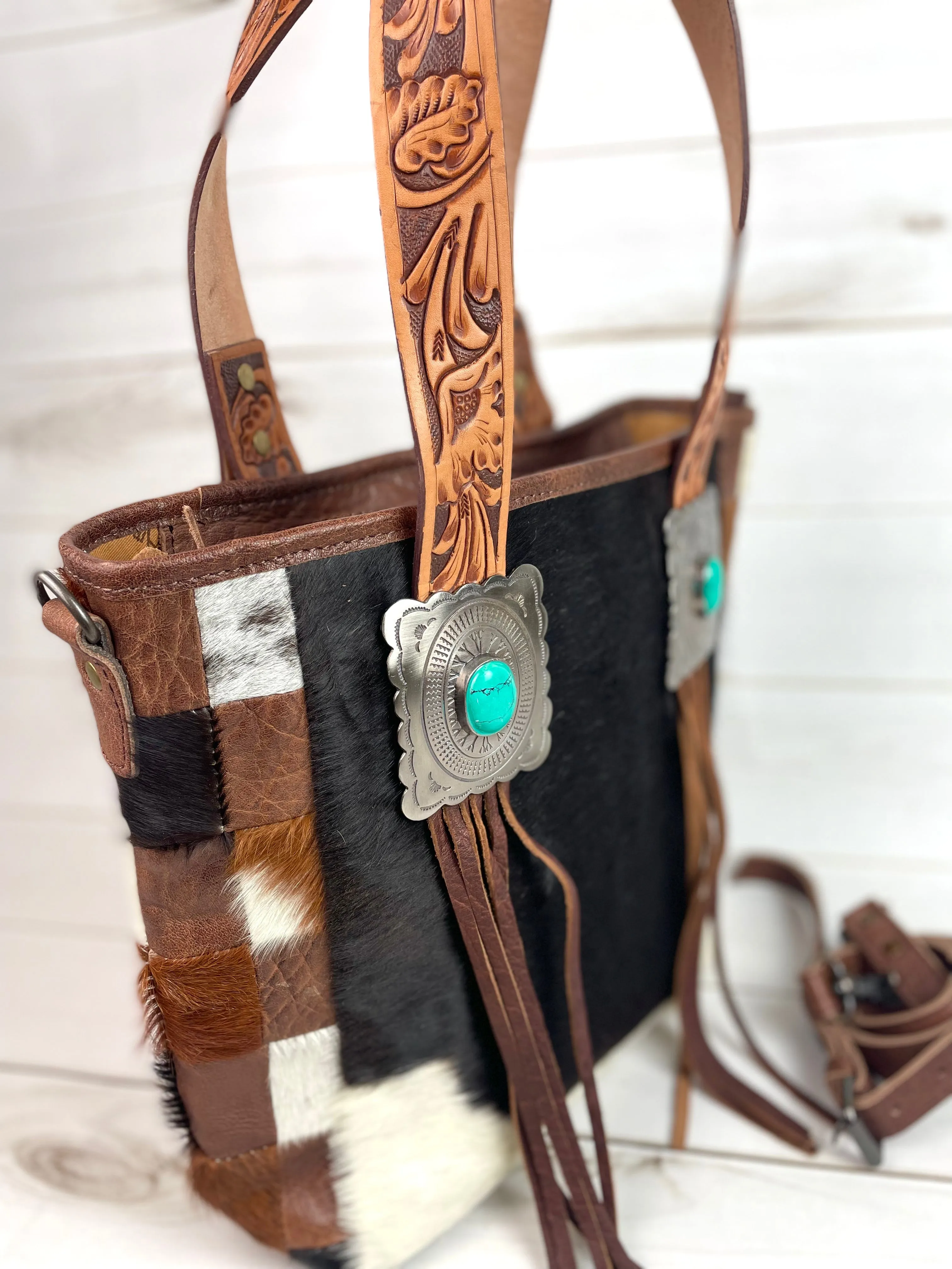 Silver Concho Cowhide Tote with Tooled Leather Straps