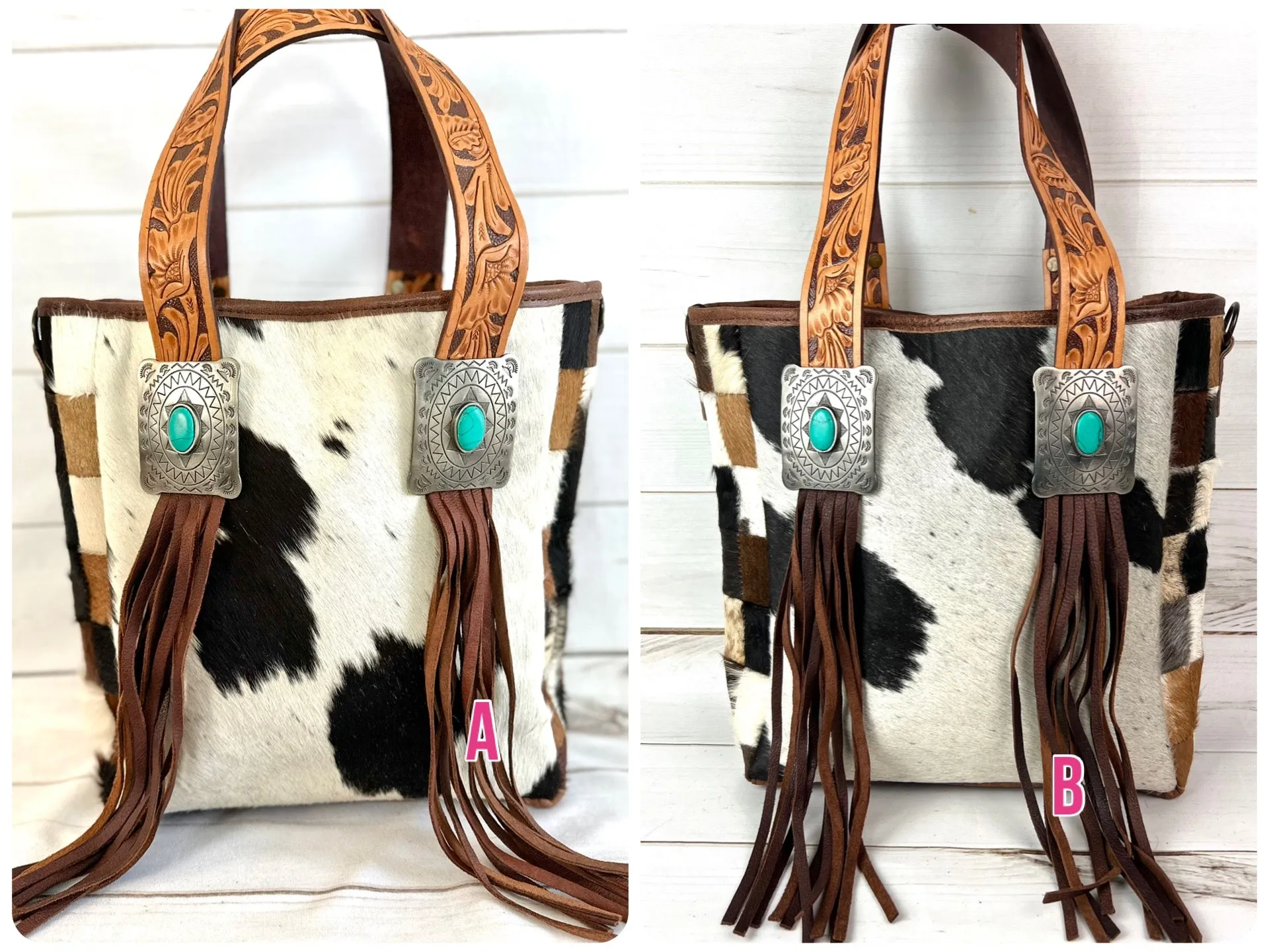 Silver Concho Cowhide Tote with Tooled Leather Straps