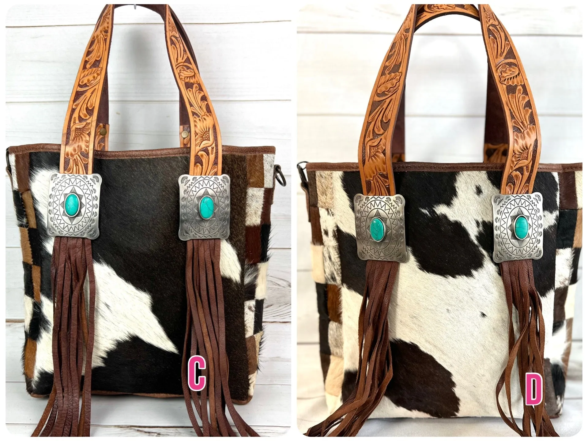 Silver Concho Cowhide Tote with Tooled Leather Straps