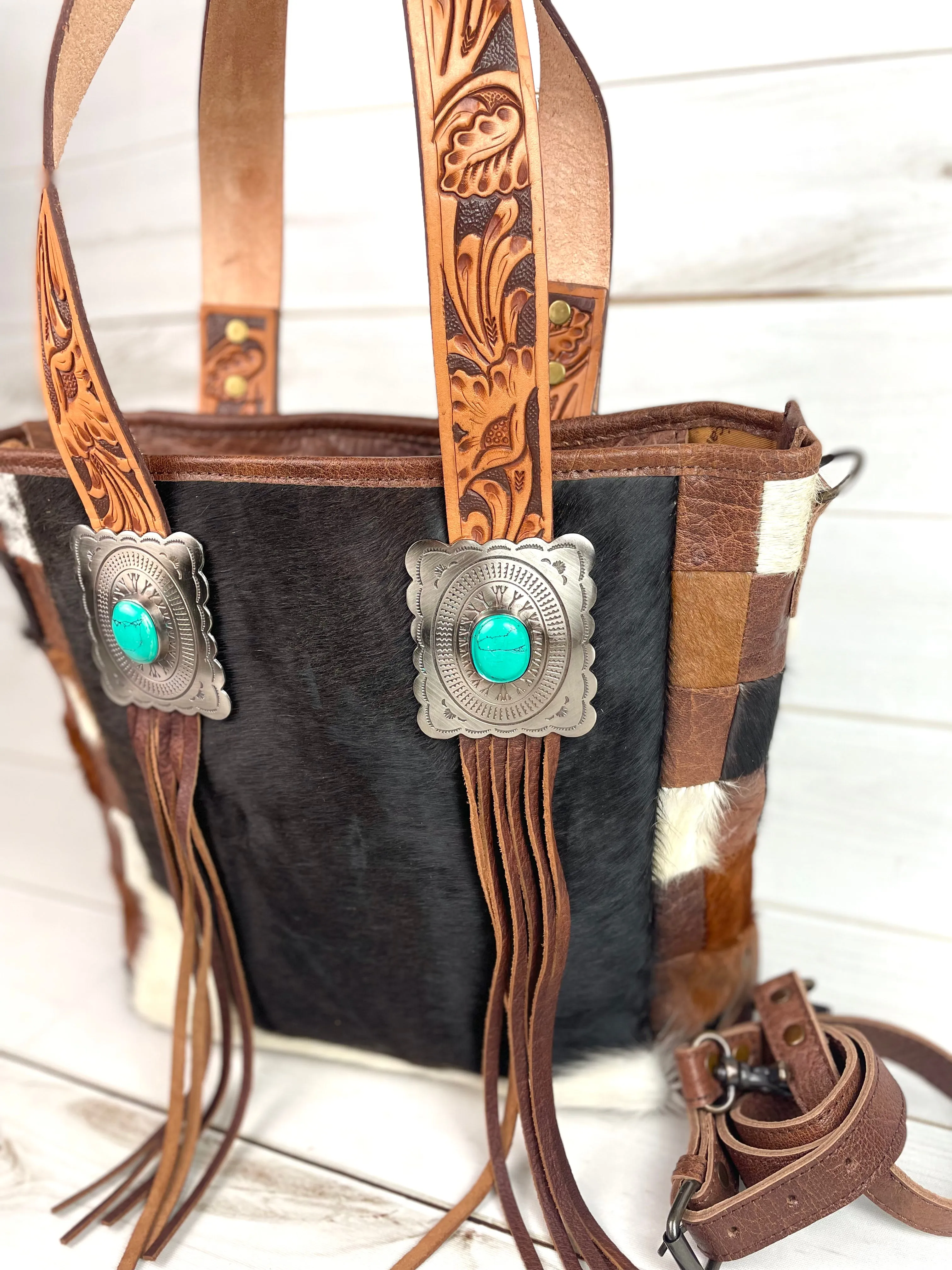 Silver Concho Cowhide Tote with Tooled Leather Straps