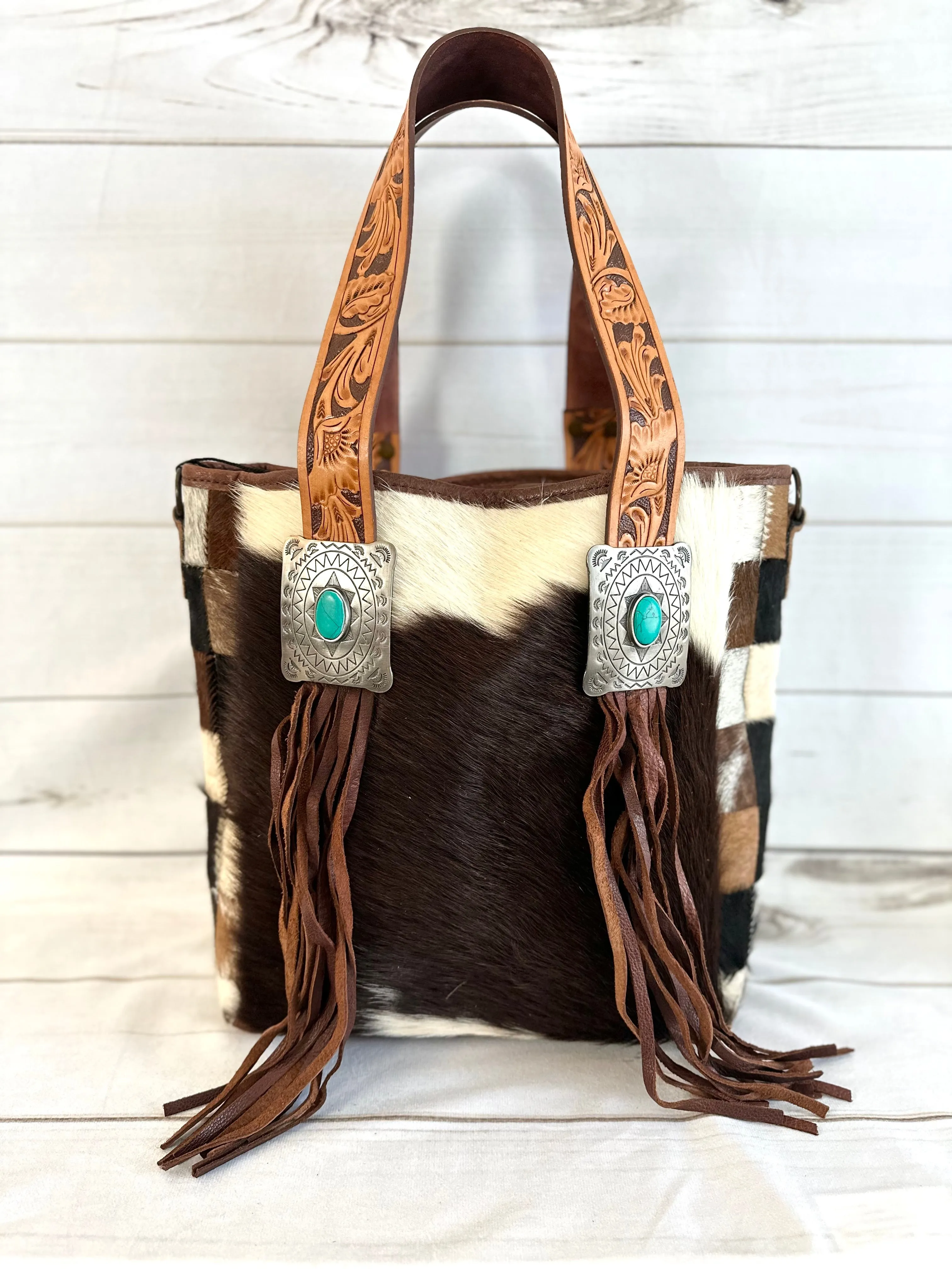 Silver Concho Cowhide Tote with Tooled Leather Straps
