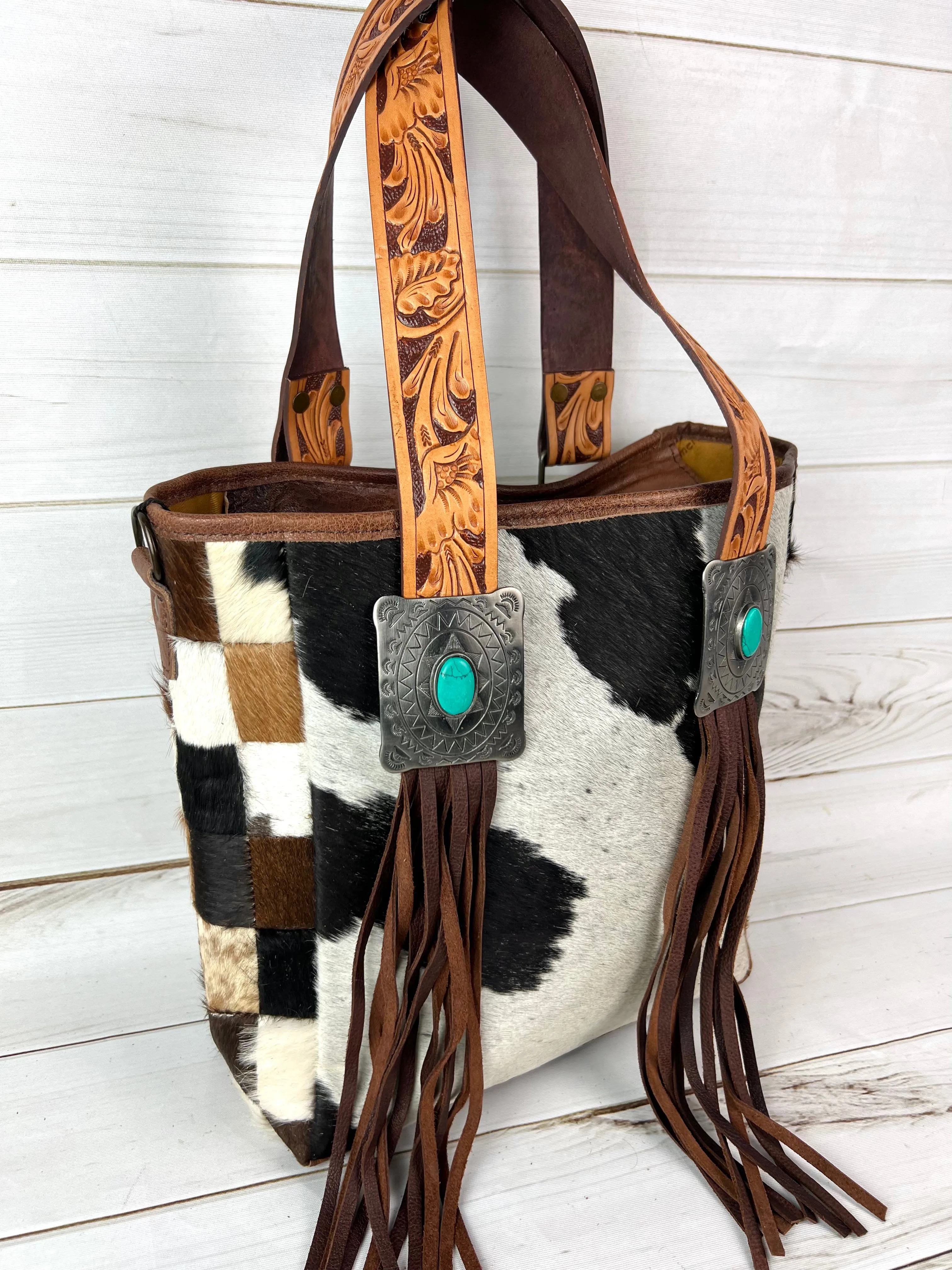 Silver Concho Cowhide Tote with Tooled Leather Straps