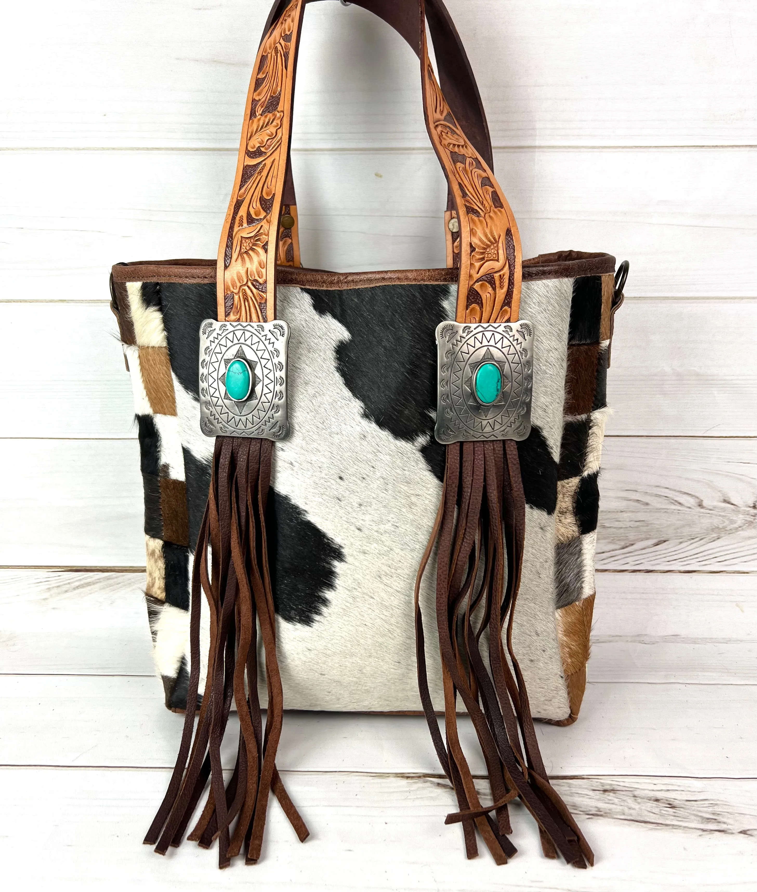 Silver Concho Cowhide Tote with Tooled Leather Straps