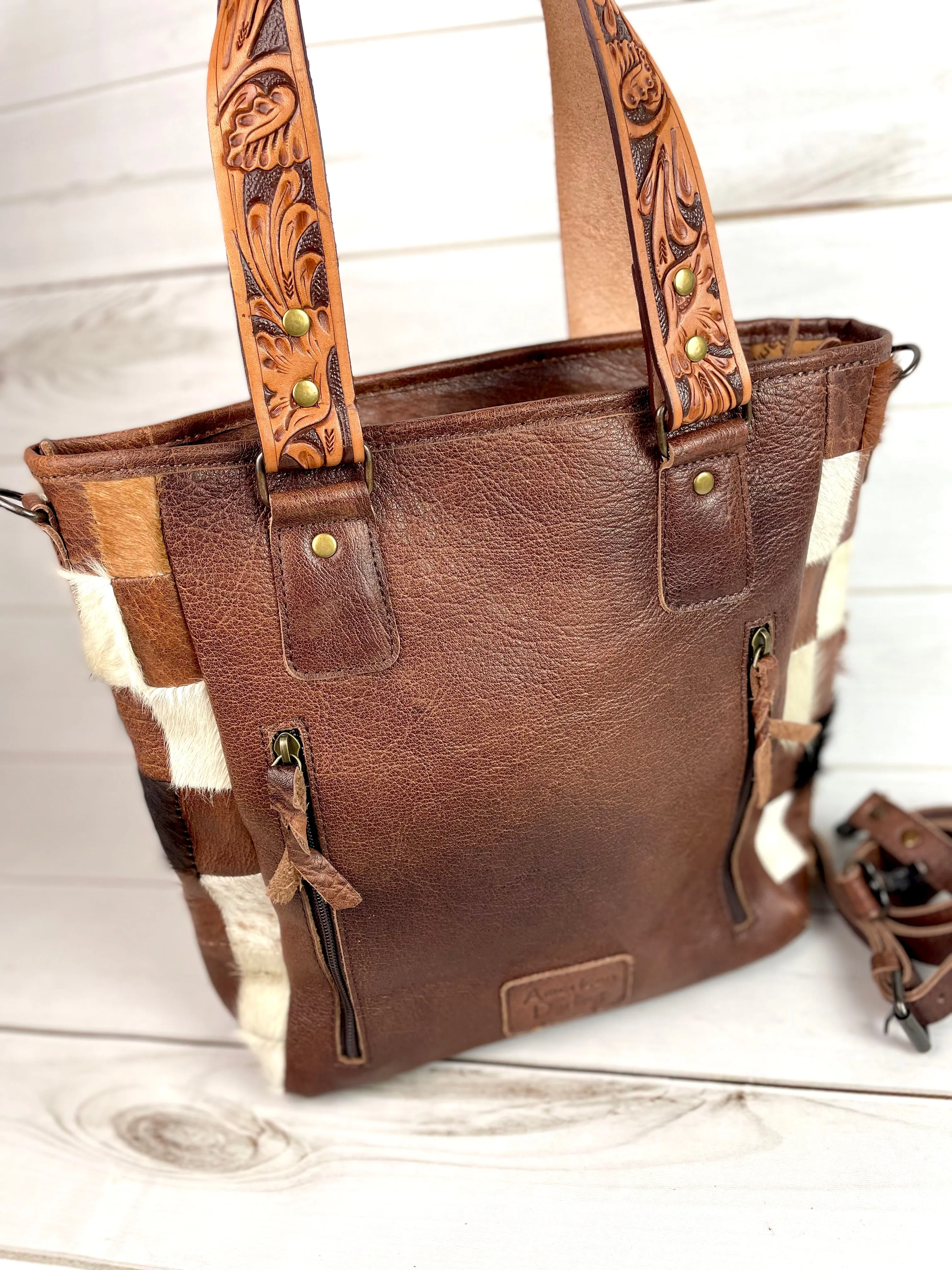 Silver Concho Cowhide Tote with Tooled Leather Straps