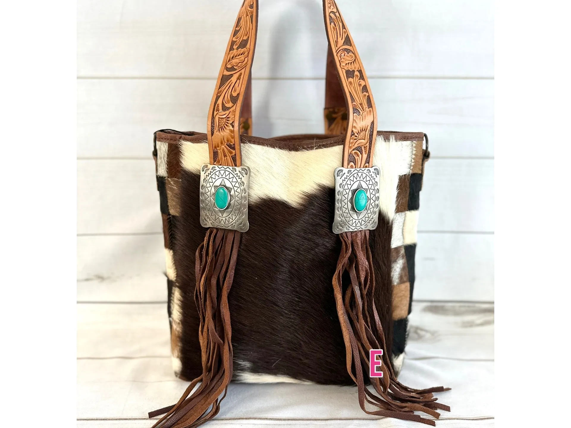 Silver Concho Cowhide Tote with Tooled Leather Straps