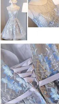 Silver Lace Homecoming Dresses Embroidered Short Prom Dress with Applique, SH345