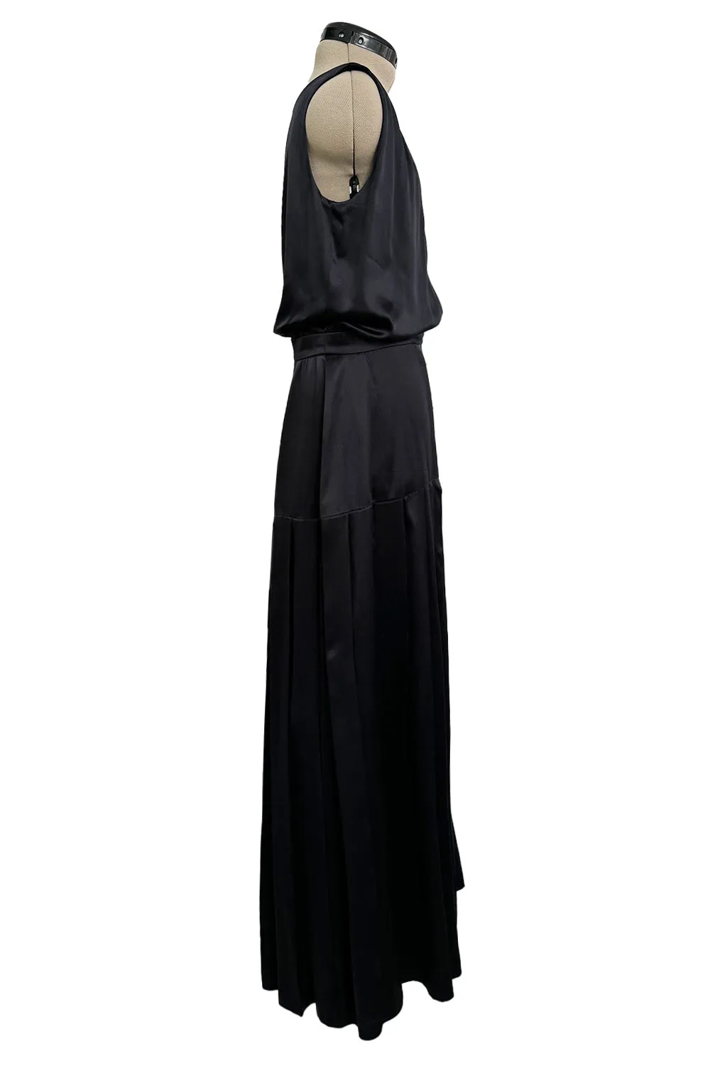 Spectacular 1990s Unlabeled Chanel by Karl Lagerfeld Black SIlk Dress w V Front & Logo Buttons
