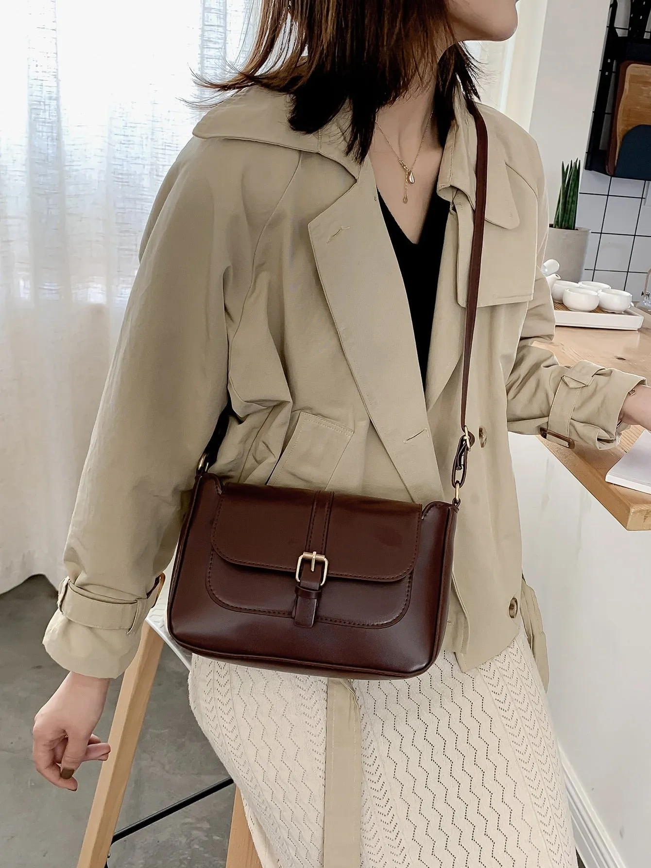 Stitch Detail Flap Square Bag - Coffee Brown