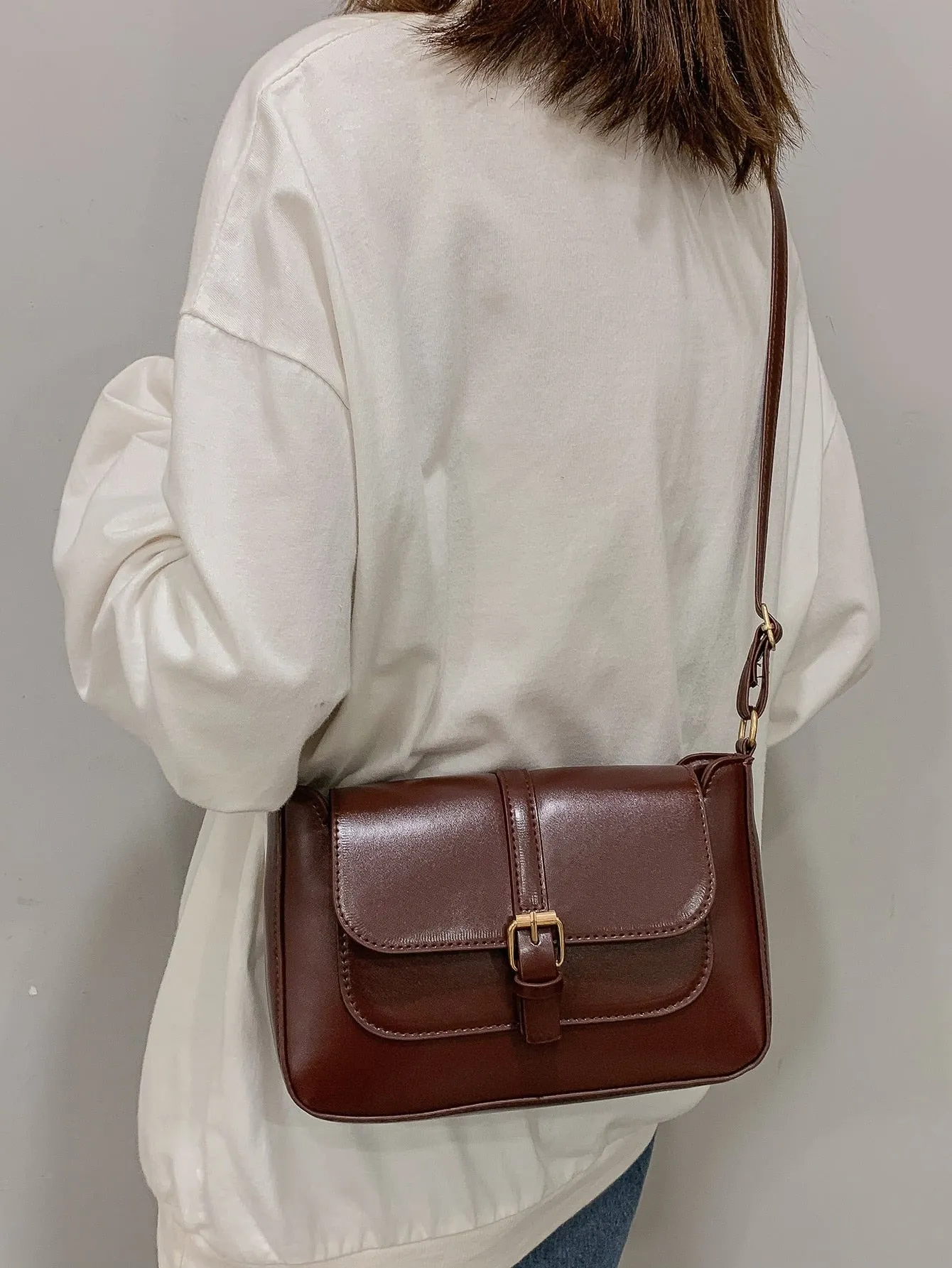 Stitch Detail Flap Square Bag - Coffee Brown
