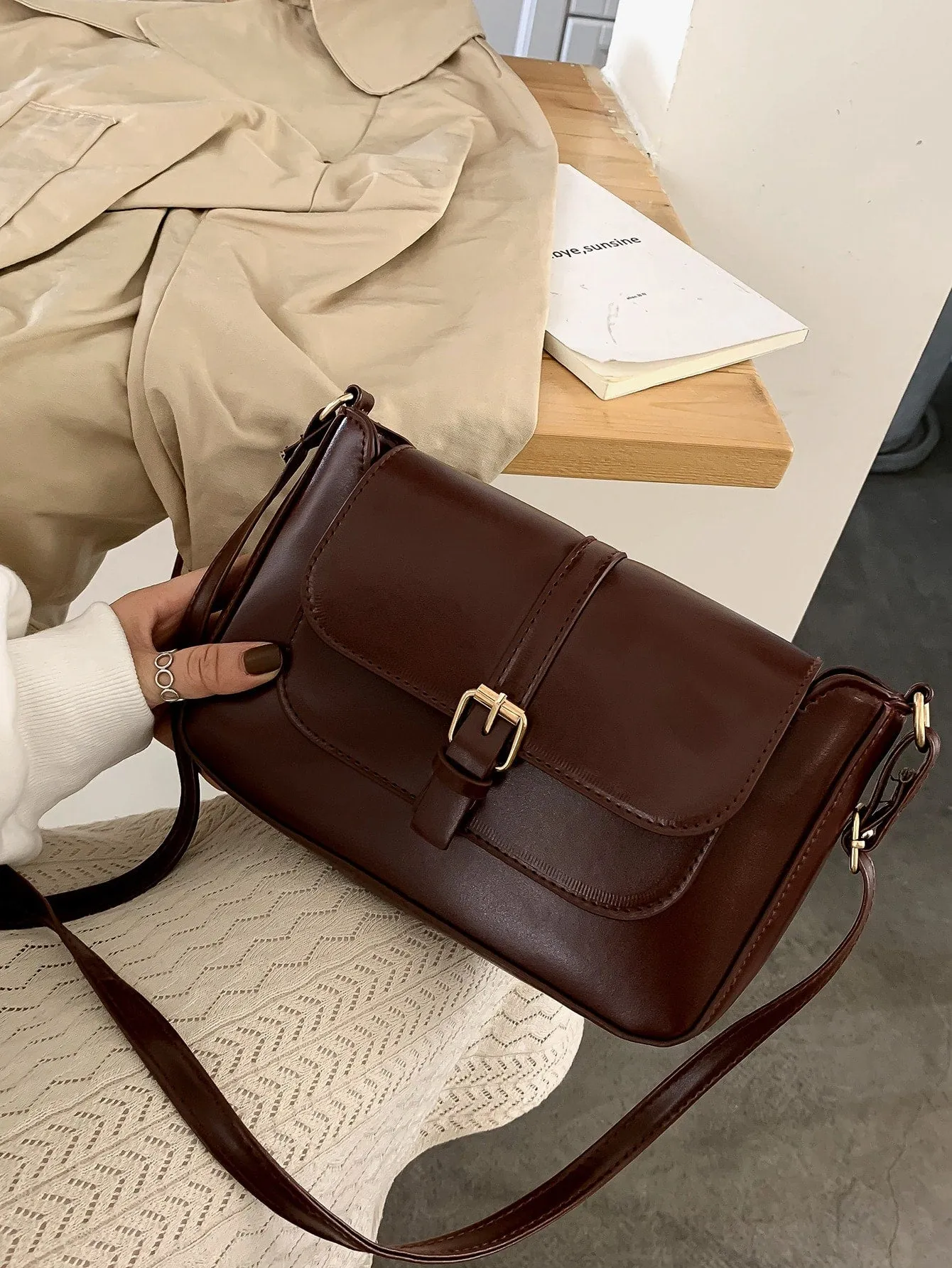 Stitch Detail Flap Square Bag - Coffee Brown