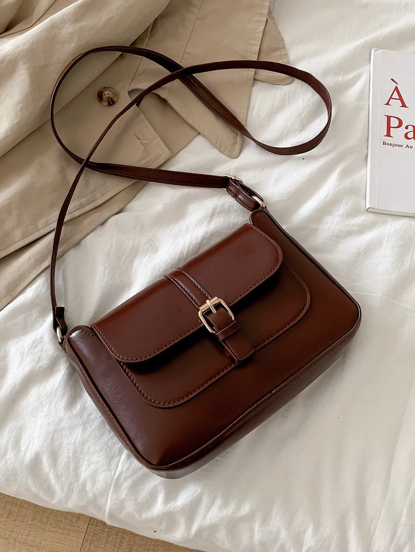 Stitch Detail Flap Square Bag - Coffee Brown