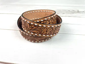 Tan Leather Tooled Handbag Strap with White Buckstitch