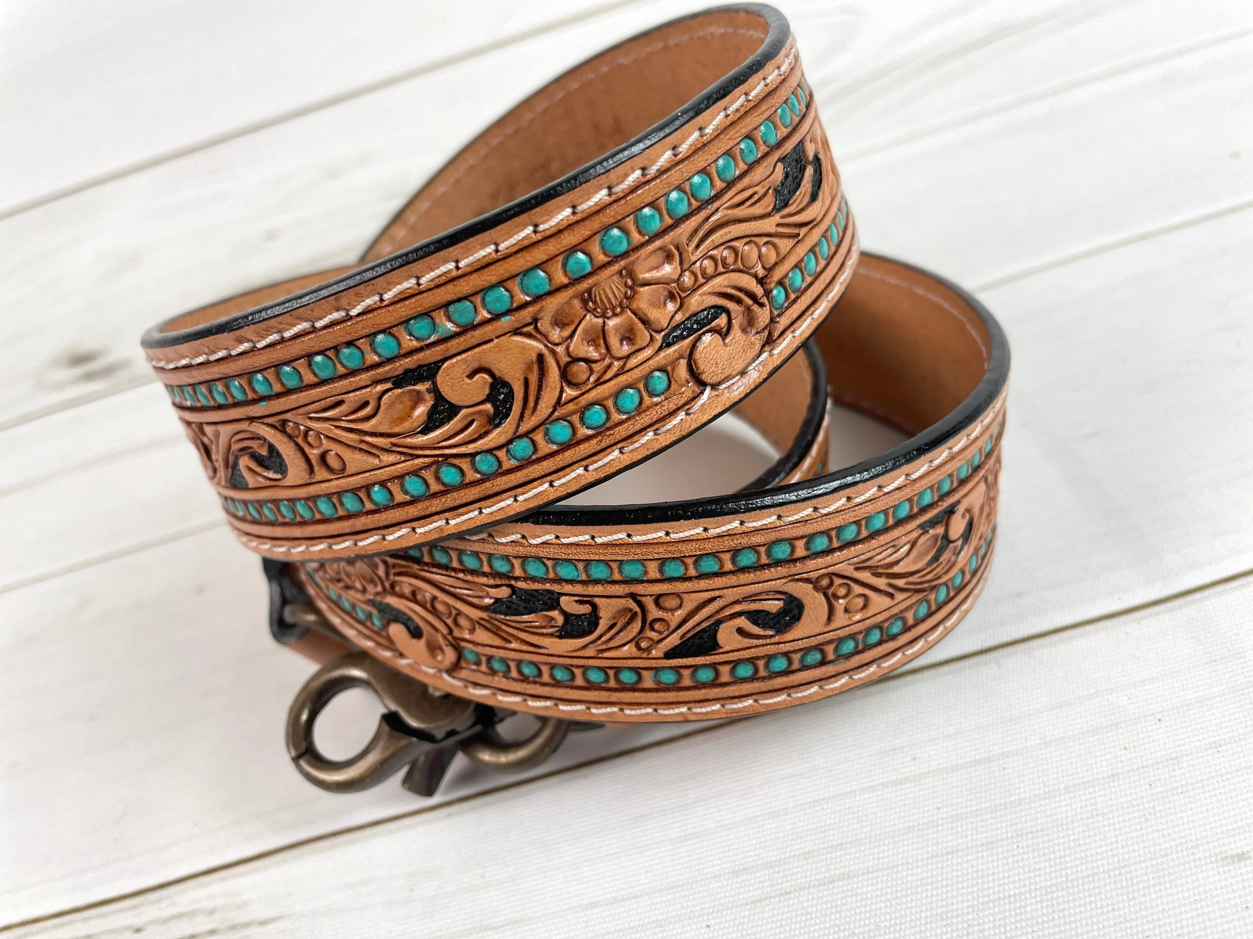 Teal Dotted Border Floral Tooled Light Leather Handbag Strap