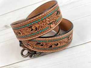 Teal Dotted Border Floral Tooled Light Leather Handbag Strap