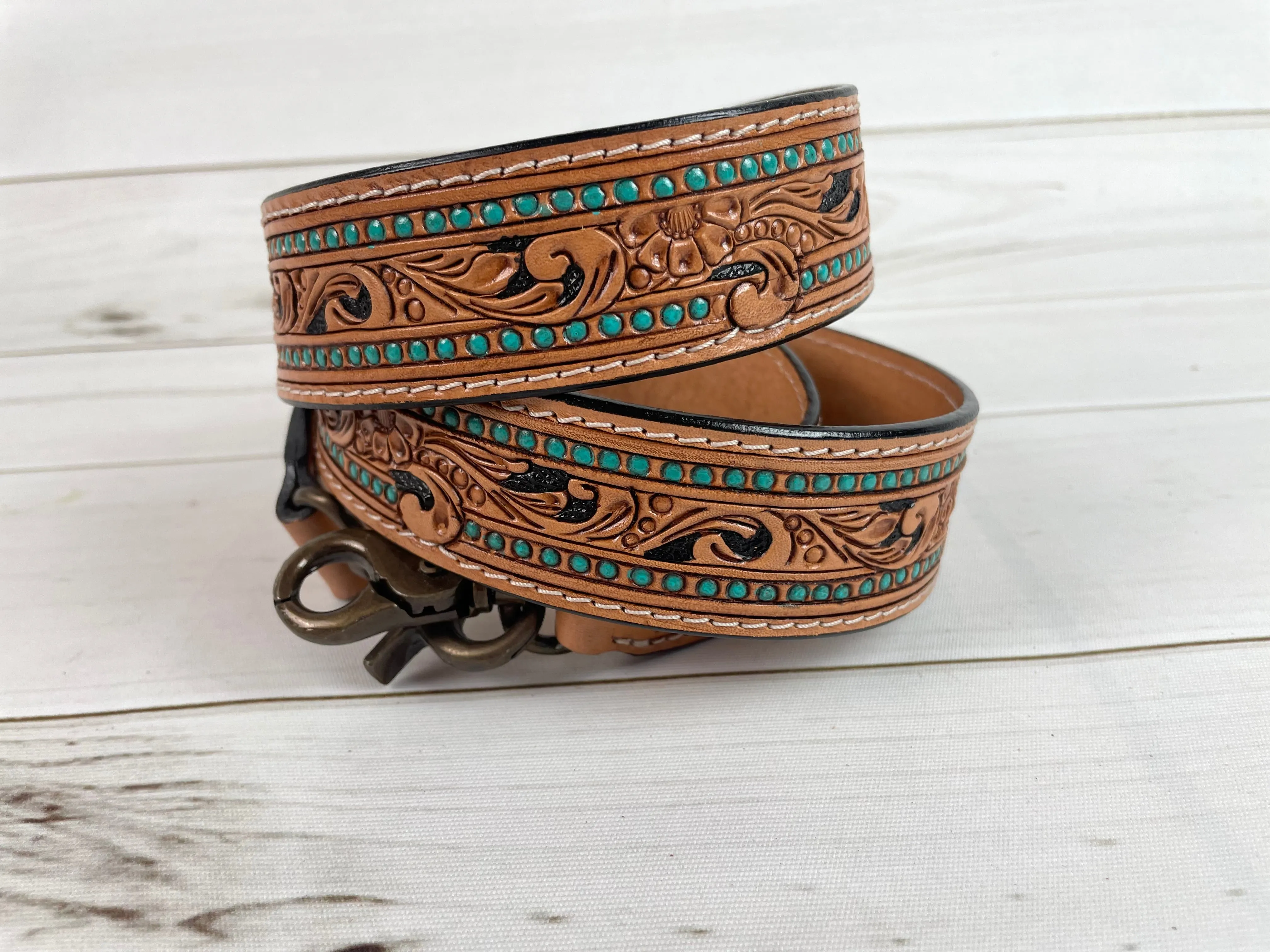 Teal Dotted Border Floral Tooled Light Leather Handbag Strap
