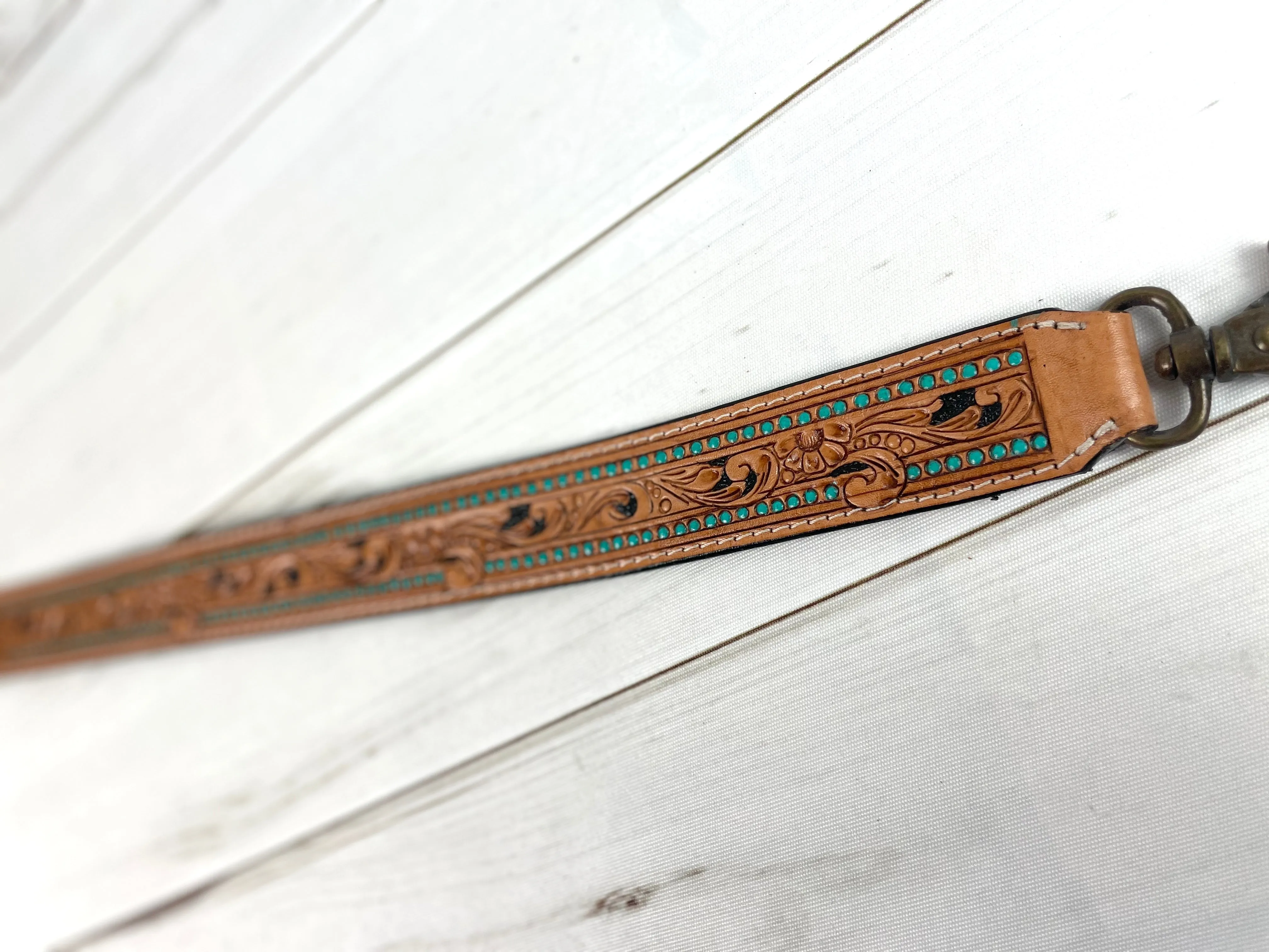 Teal Dotted Border Floral Tooled Light Leather Handbag Strap