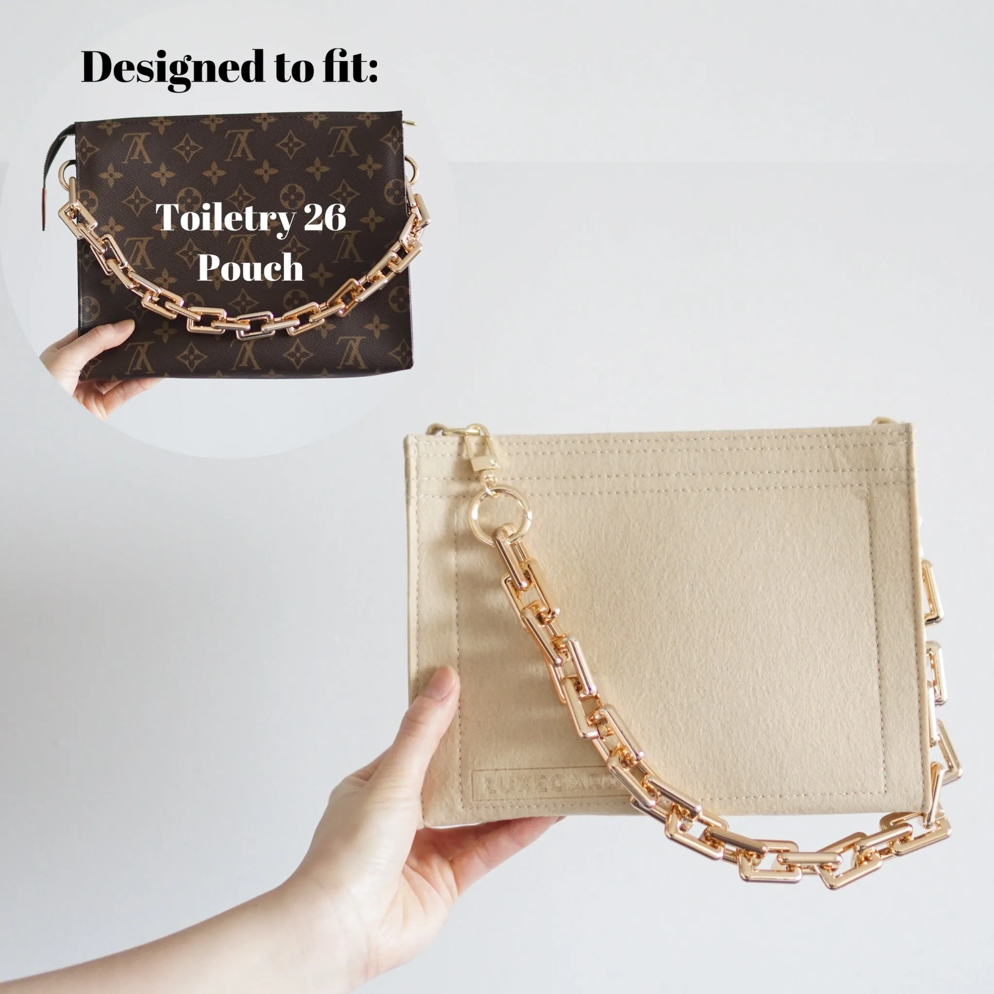Toiletry Pouch 26 Crossbody Conversion Kit with Bag Organizer Insert and Chunky Gold Chain Strap