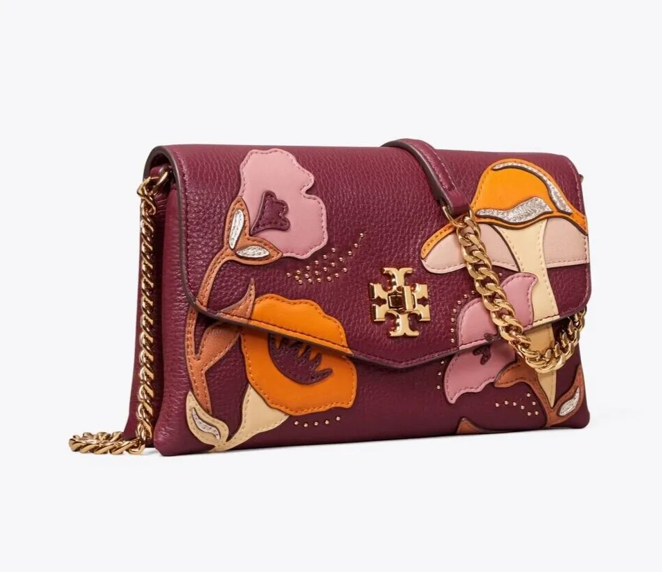 Tory Burch Kira Applique Floral Bag Brown Leather Handbag Burgundy Wine Purse NEW