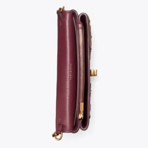 Tory Burch Kira Applique Floral Bag Brown Leather Handbag Burgundy Wine Purse NEW