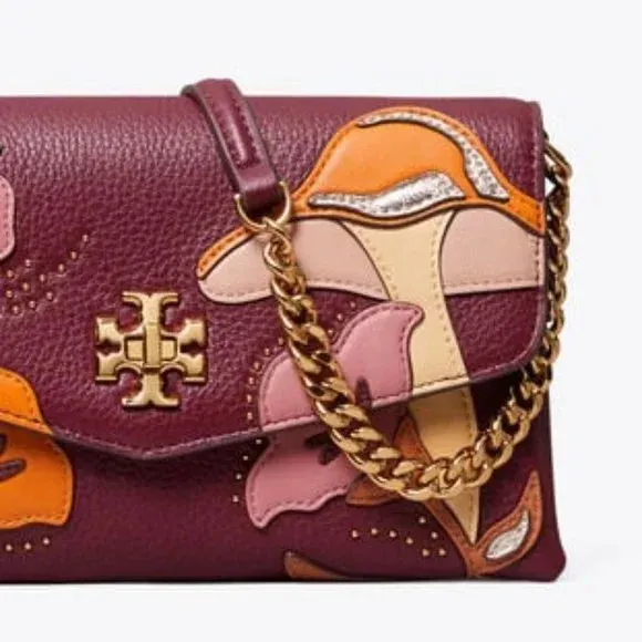 Tory Burch Kira Applique Floral Bag Brown Leather Handbag Burgundy Wine Purse NEW