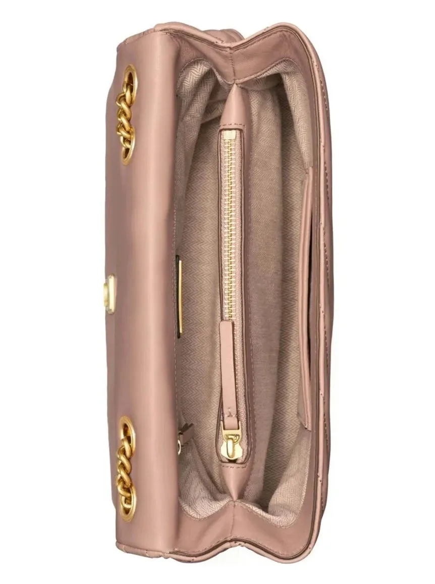 Tory Burch Kira Roll Brass Chevron Moon Pink Purse Bag Shoulder Bag Quilted New