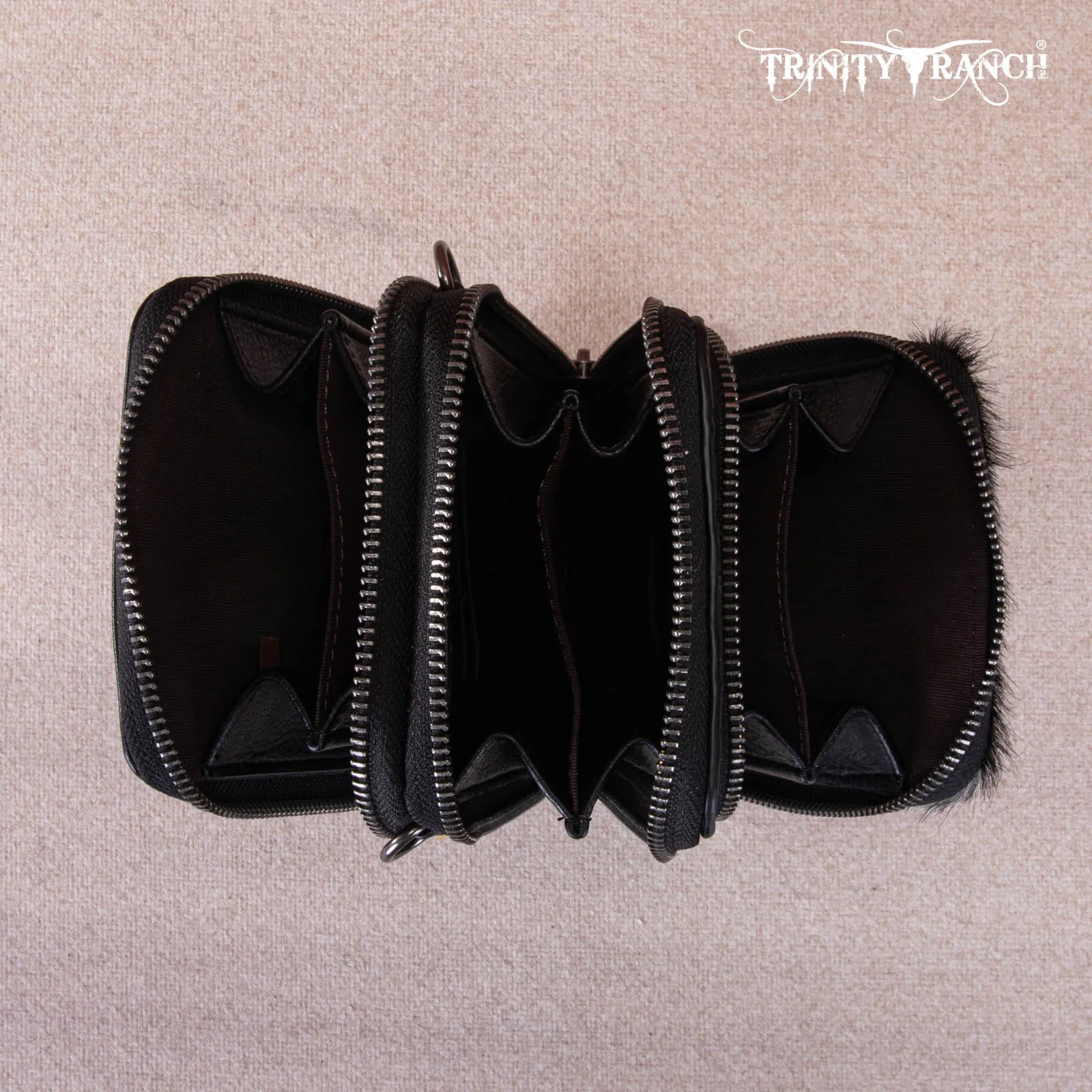 TR159 -183  Trinity Ranch Genuine Hair-On Cowhide /Tooled  Collection Phone Purse with Coin Pouch