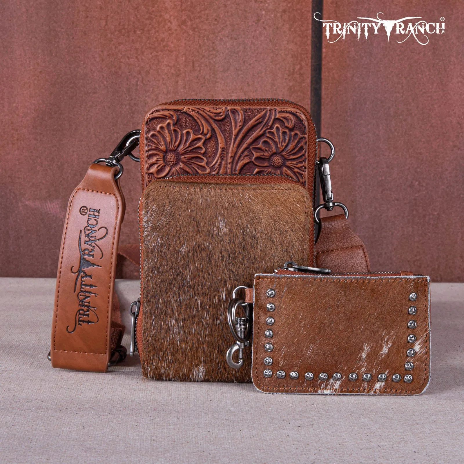 TR159 -183  Trinity Ranch Genuine Hair-On Cowhide /Tooled  Collection Phone Purse with Coin Pouch