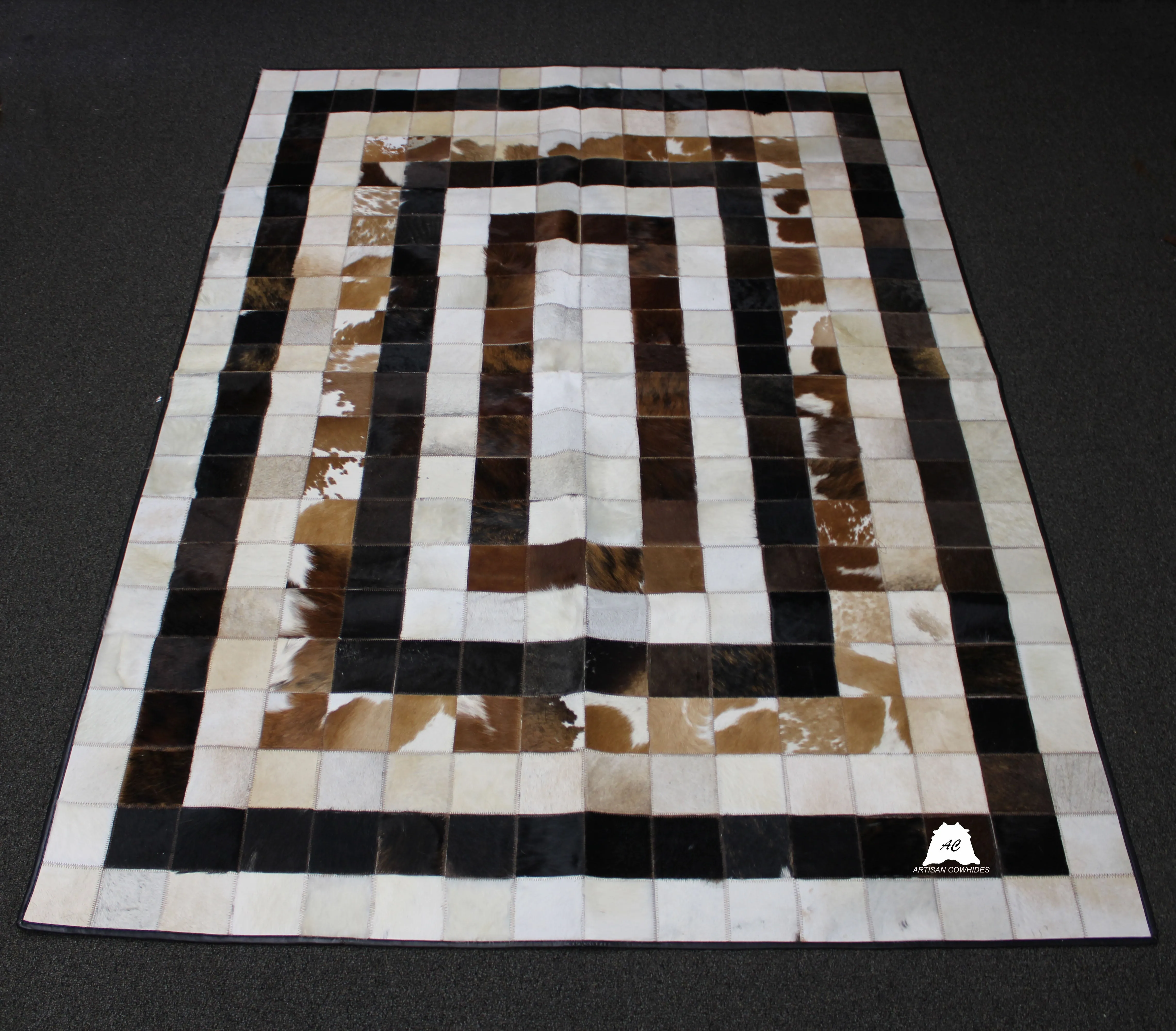 Tricolor Patchwork Cowhide Rug – 7.10ft x 5.2ft   Premium Cowhide Rug